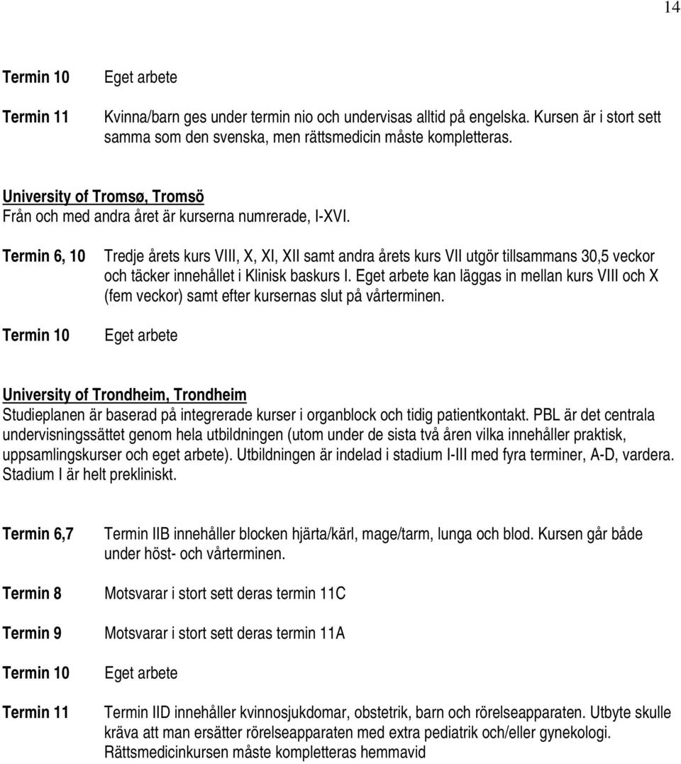 Termin 6, 10 Tredje årets kurs VIII, X, XI, XII samt andra årets kurs VII utgör tillsammans 30,5 veckor och täcker innehållet i Klinisk baskurs I.