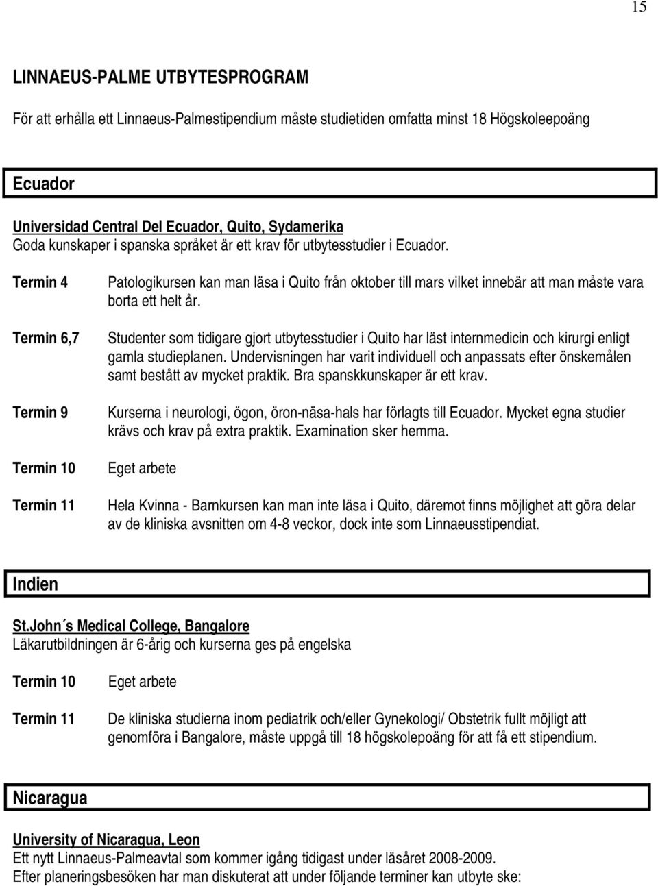 Studenter som tidigare gjort utbytesstudier i Quito har läst internmedicin och kirurgi enligt gamla studieplanen.