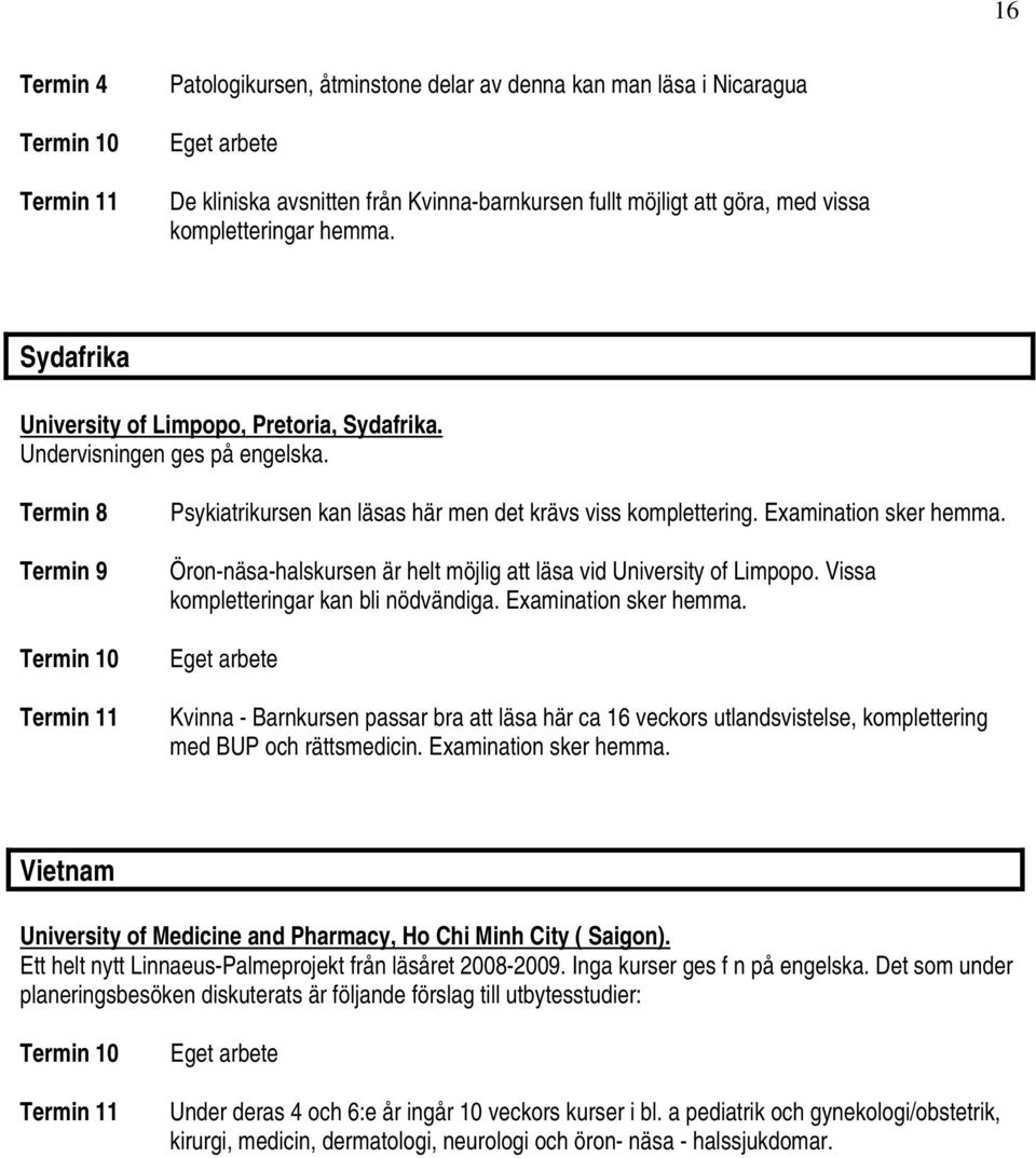 Öron-näsa-halskursen är helt möjlig att läsa vid University of Limpopo. Vissa kompletteringar kan bli nödvändiga. Examination sker hemma.