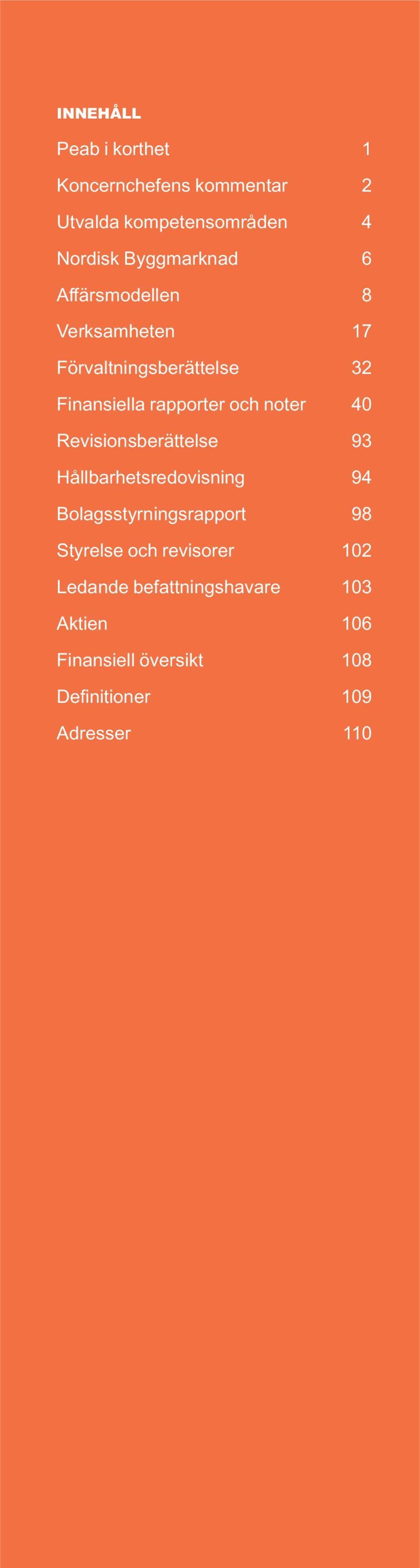 noter 40 Revisionsberättelse 93 Hållbarhetsredovisning 94 Bolagsstyrningsrapport 98 Styrelse och