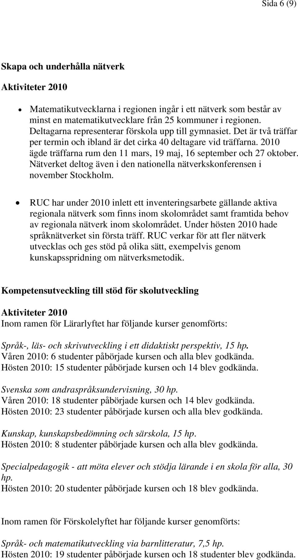 2010 ägde träffarna rum den 11 mars, 19 maj, 16 september och 27 oktober. Nätverket deltog även i den nationella nätverkskonferensen i november Stockholm.