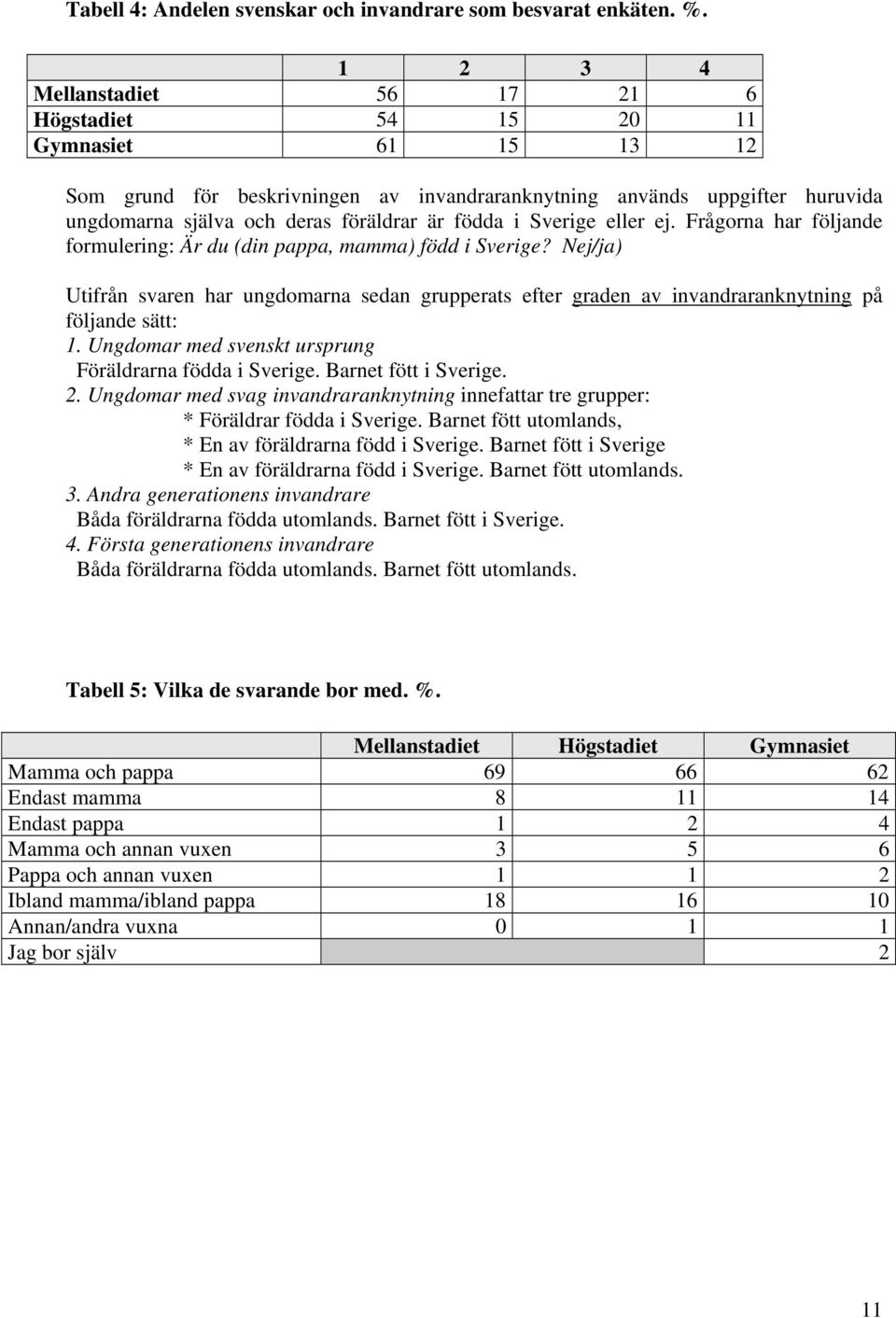 födda i Sverige eller ej. Frågorna har följande formulering: Är du (din pappa, mamma) född i Sverige?