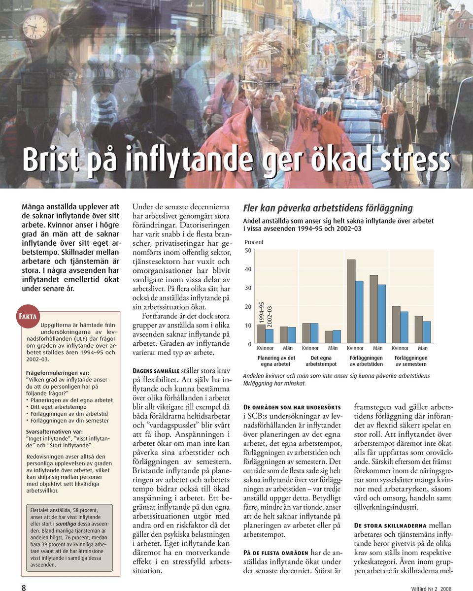 Fakta Uppgifterna är hämtade från undersökningarna av levnadsförhållanden (ULF) där frågor om graden av inflytande över arbetet ställdes åren 1994 95 och 22 3.