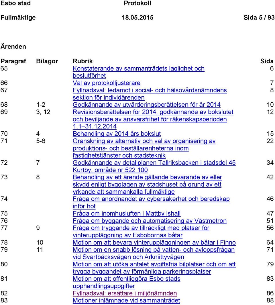 hälsovårdsnämndens 8 sektion för individärenden 68 1-2 Godkännande av utvärderingsberättelsen för år 2014 10 69 3, 12 Revisionsberättelsen för 2014, godkännande av bokslutet 12 och beviljande av