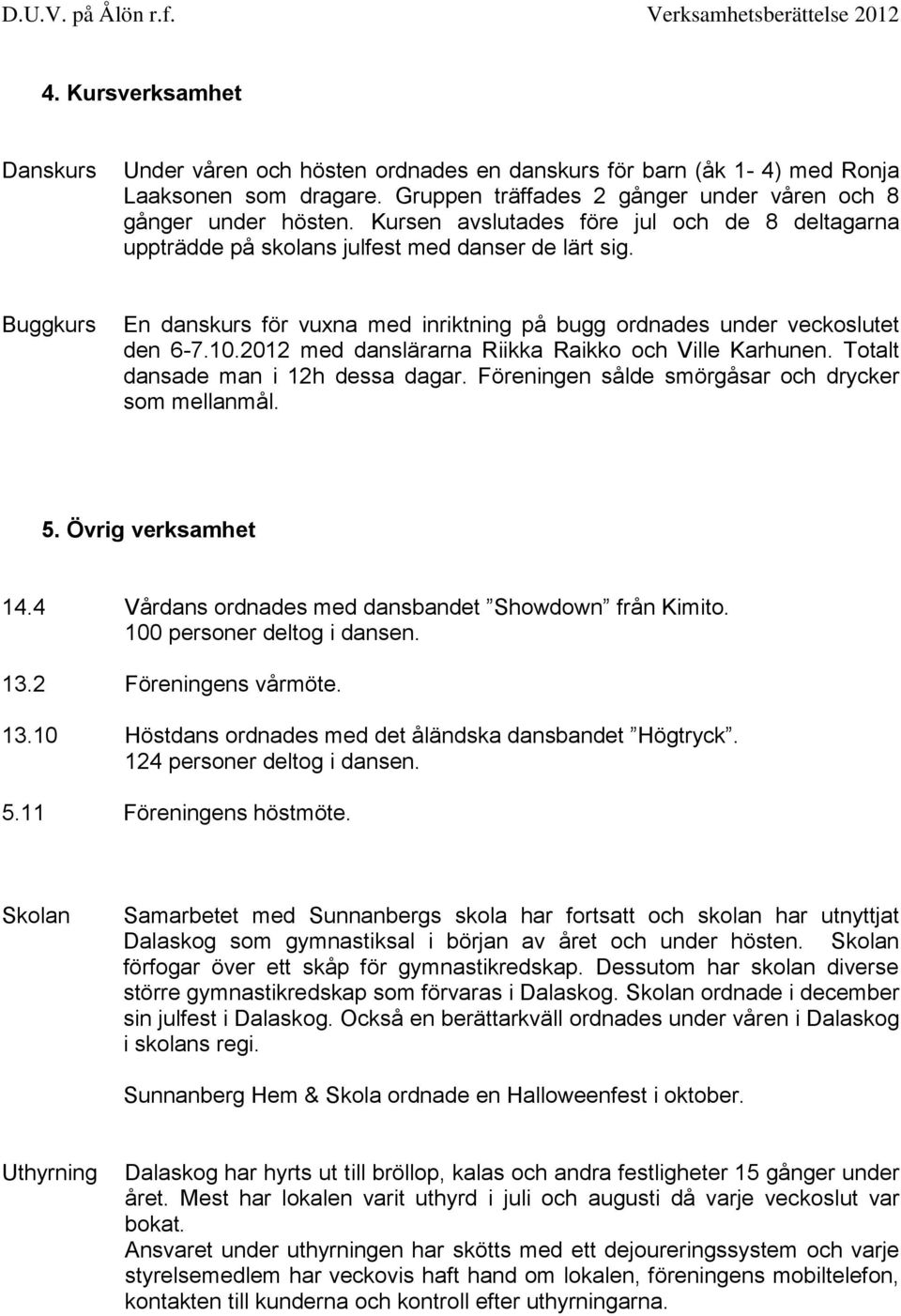 2012 med danslärarna Riikka Raikko och Ville Karhunen. Totalt dansade man i 12h dessa dagar. Föreningen sålde smörgåsar och drycker som mellanmål. 5. Övrig verksamhet 14.