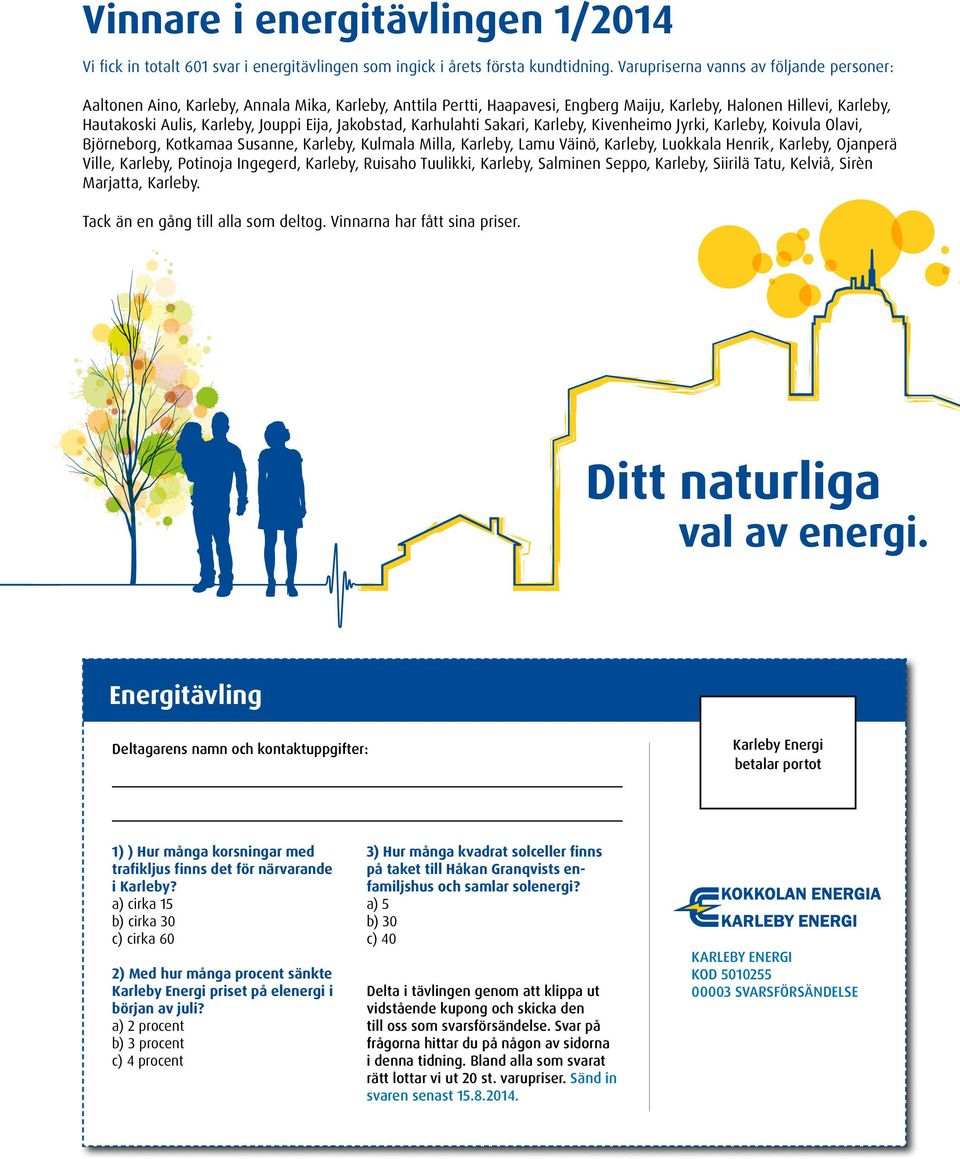 Eija, Jakobstad, Karhulahti Sakari, Karleby, Kivenheimo Jyrki, Karleby, Koivula Olavi, Björneborg, Kotkamaa Susanne, Karleby, Kulmala Milla, Karleby, Lamu Väinö, Karleby, Luokkala Henrik, Karleby,