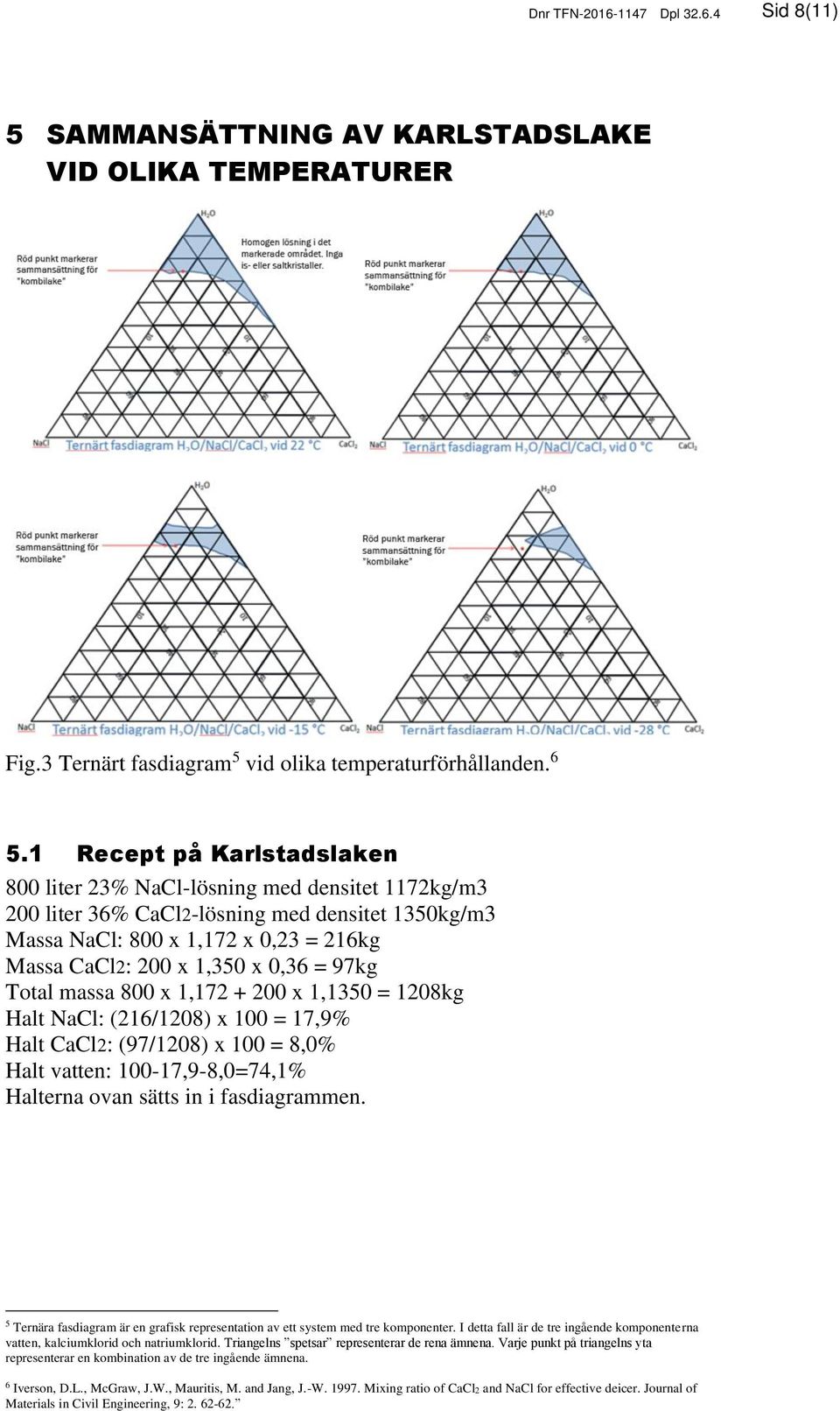 = 97kg Total massa 800 x 1,172 + 200 x 1,1350 = 1208kg Halt NaCl: (216/1208) x 100 = 17,9% Halt CaCl2: (97/1208) x 100 = 8,0% Halt vatten: 100-17,9-8,0=74,1% Halterna ovan sätts in i fasdiagrammen.