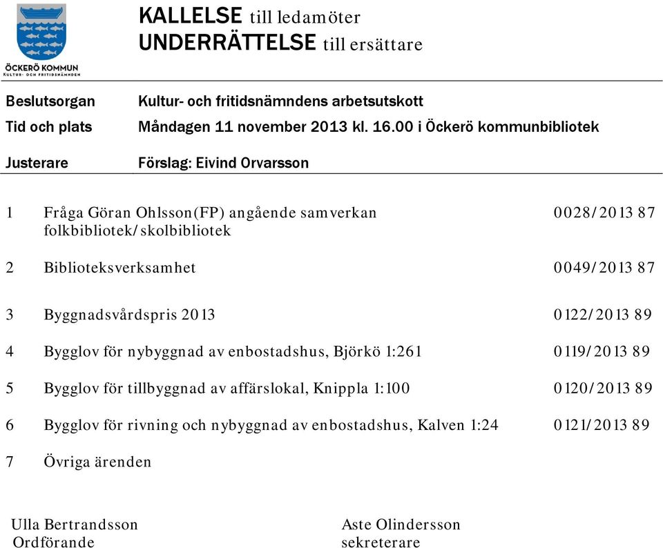 0049/2013 87 3 Byggnadsvårdspris 2013 0122/2013 89 4 Bygglov för nybyggnad av enbostadshus, Björkö 1:261 0119/2013 89 5 Bygglov för tillbyggnad av affärslokal,