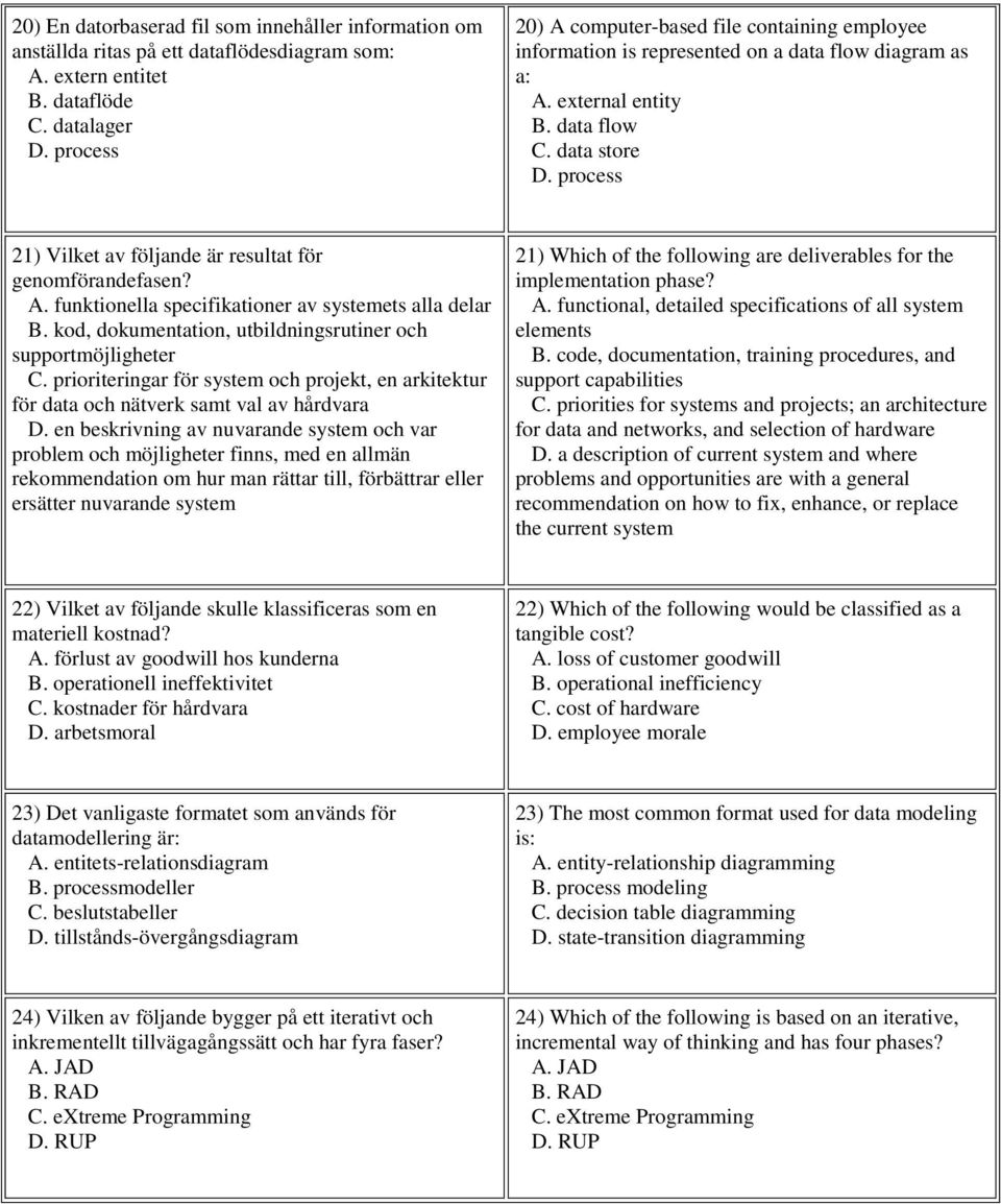 process 21) Vilket av följande är resultat för genomförandefasen? A. funktionella specifikationer av systemets alla delar B. kod, dokumentation, utbildningsrutiner och supportmöjligheter C.