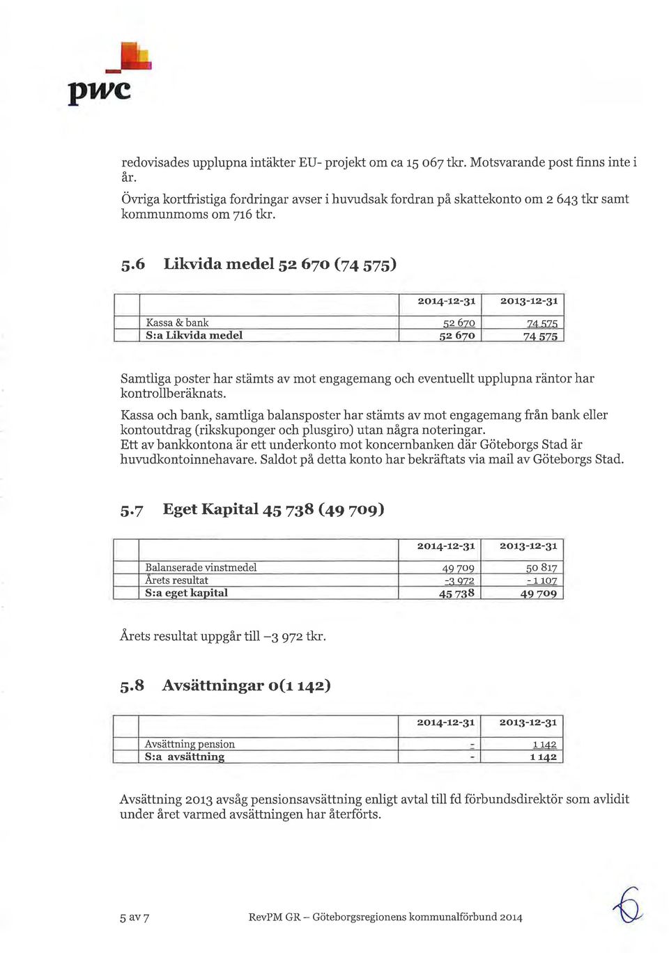 6 Likvida medel 5z 670 (Z+ SZS) 2o1"4-r2-31 2O13-L2-31 Kassa &bank rz 6zo 74 E7F S:a Likvida rnedel sz 6zo 7.