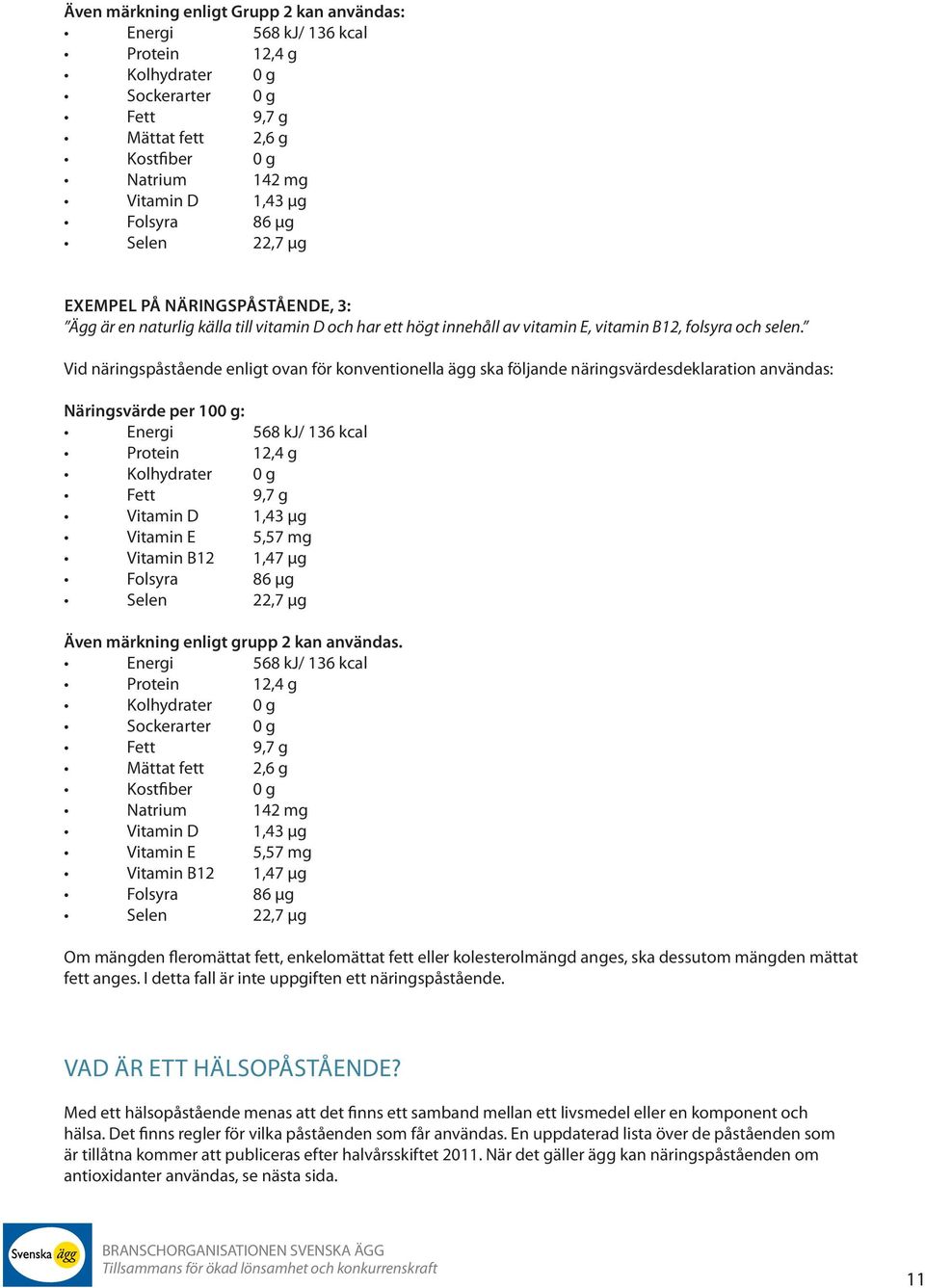 Vid näringspåstående enligt ovan för konventionella ägg ska följande näringsvärdesdeklaration användas: Näringsvärde per 100 g: Vitamin D 1,43 µg Vitamin E 5,57 mg Vitamin B12 1,47 µg Folsyra 86 µg