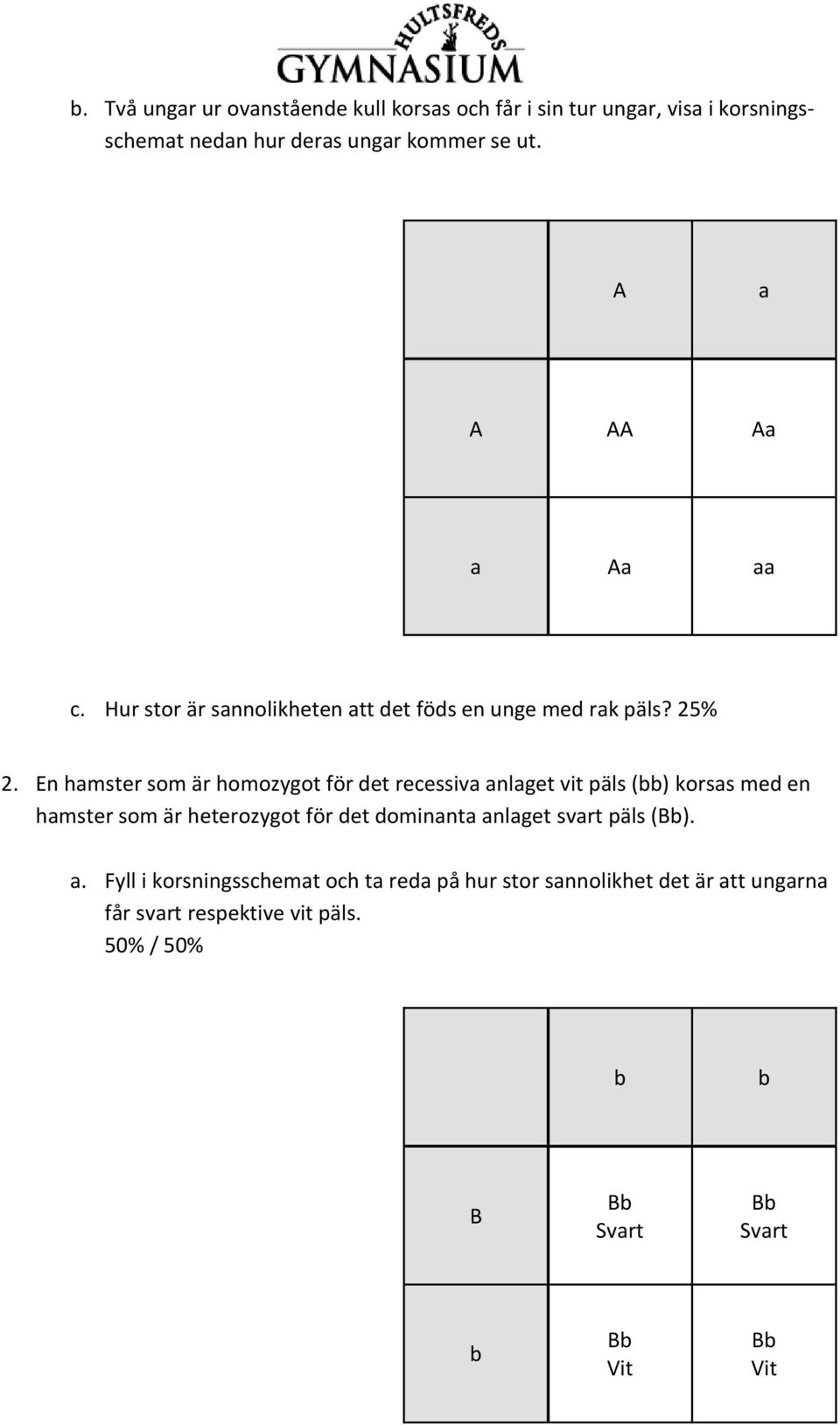 En hamster som är homozygot för det recessiva anlaget vit päls () korsas med en hamster som är heterozygot för det dominanta