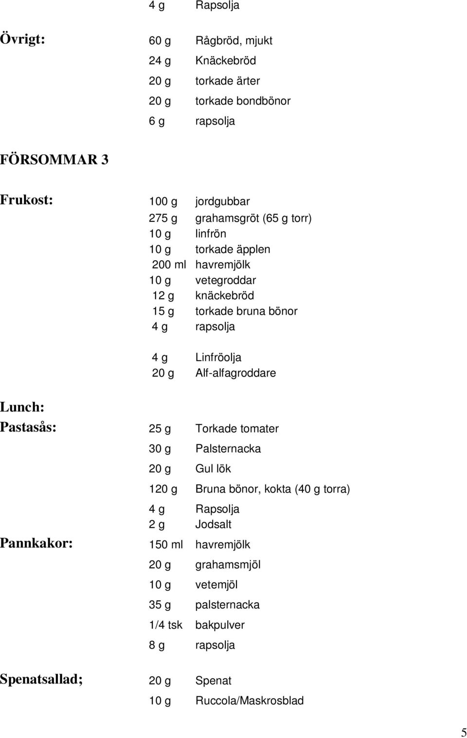 Linfröolja 20 g Alf-alfagroddare Lunch: Pastasås: 25 g Torkade tomater 30 g Palsternacka 20 g Gul lök 120 g Bruna bönor, kokta (40 g torra) Pannkakor: