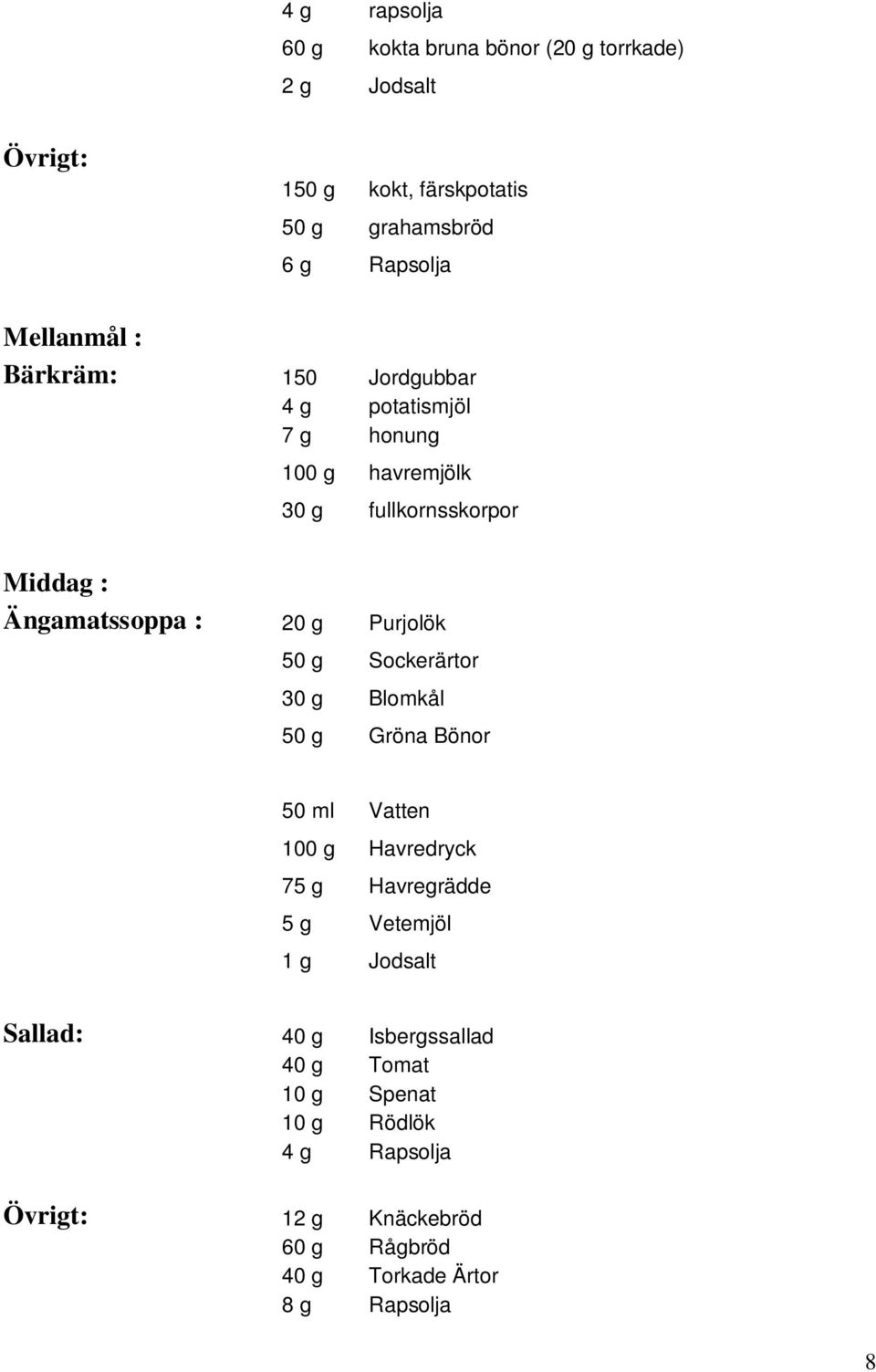 g Purjolök 50 g Sockerärtor 30 g Blomkål 50 g Gröna Bönor 50 ml Vatten 100 g Havredryck 75 g Havregrädde 5 g Vetemjöl 1 g Jodsalt