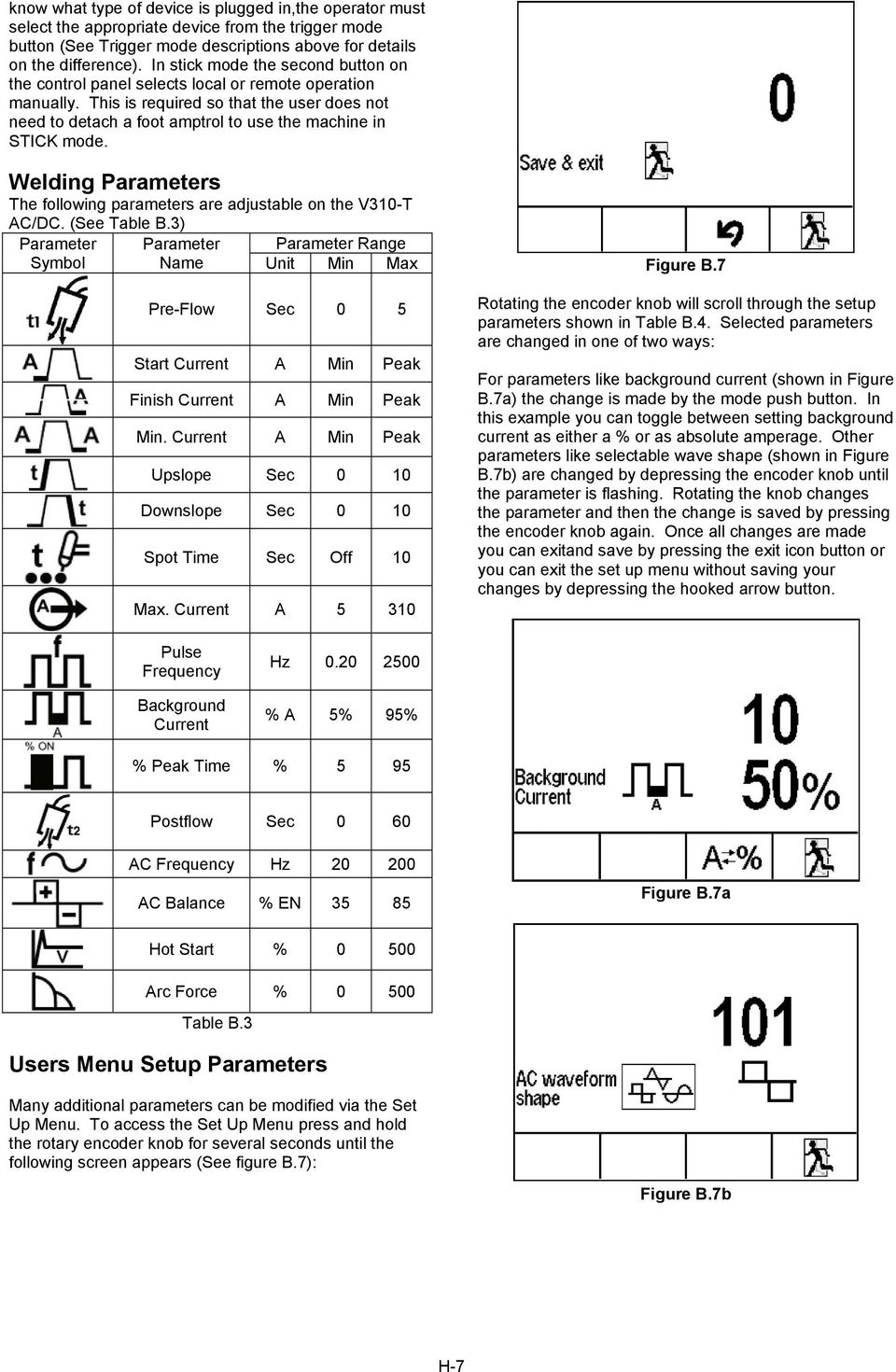 This is required so that the user does not need to detach a foot amptrol to use the machine in STICK mode. Welding Parameters The following parameters are adjustable on the V310-T AC/DC. (See Table B.