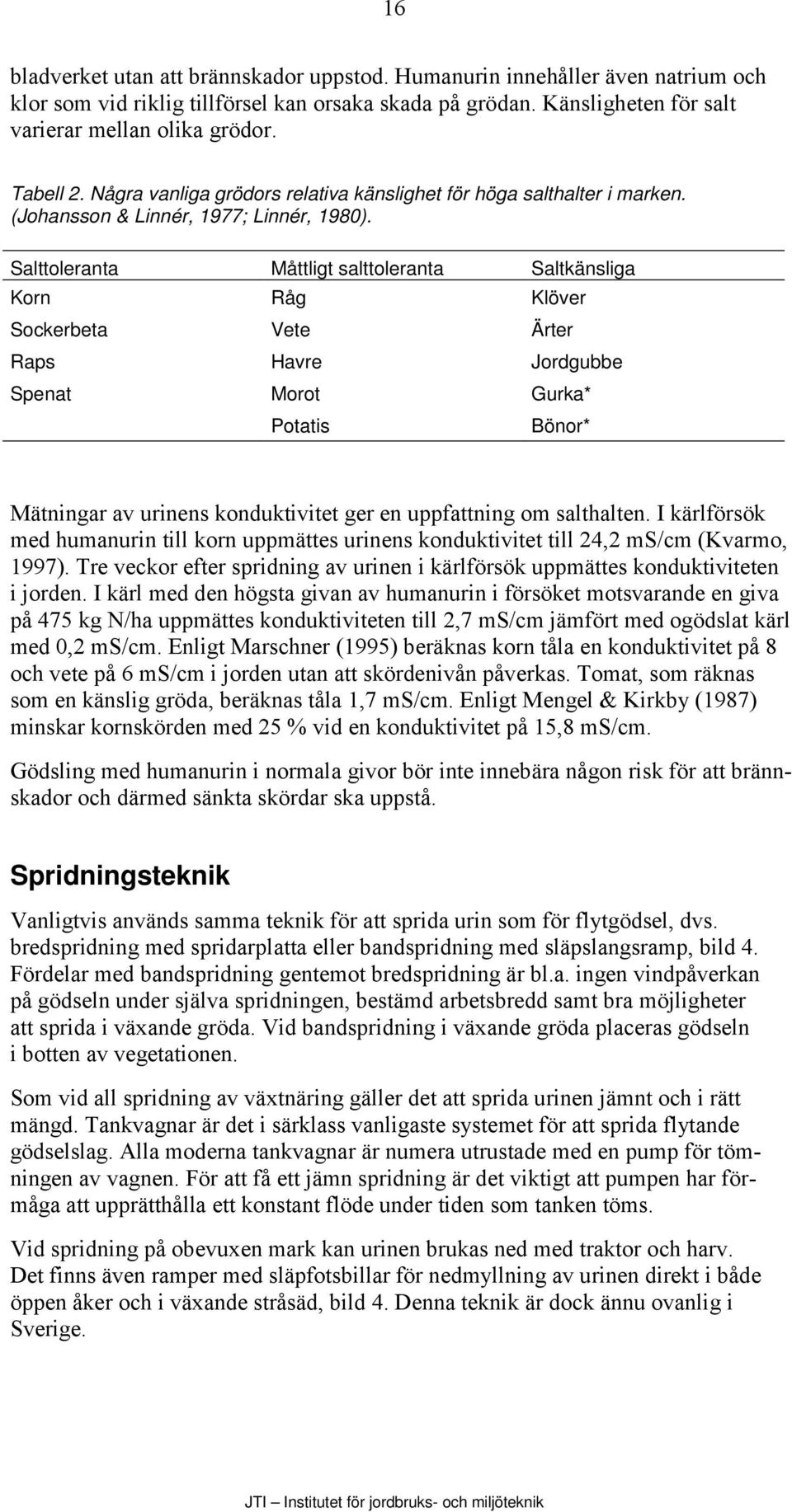 Salttoleranta Måttligt salttoleranta Saltkänsliga Korn Råg Klöver Sockerbeta Vete Ärter Raps Havre Jordgubbe Spenat Morot Gurka* Potatis Bönor* Mätningar av urinens konduktivitet ger en uppfattning