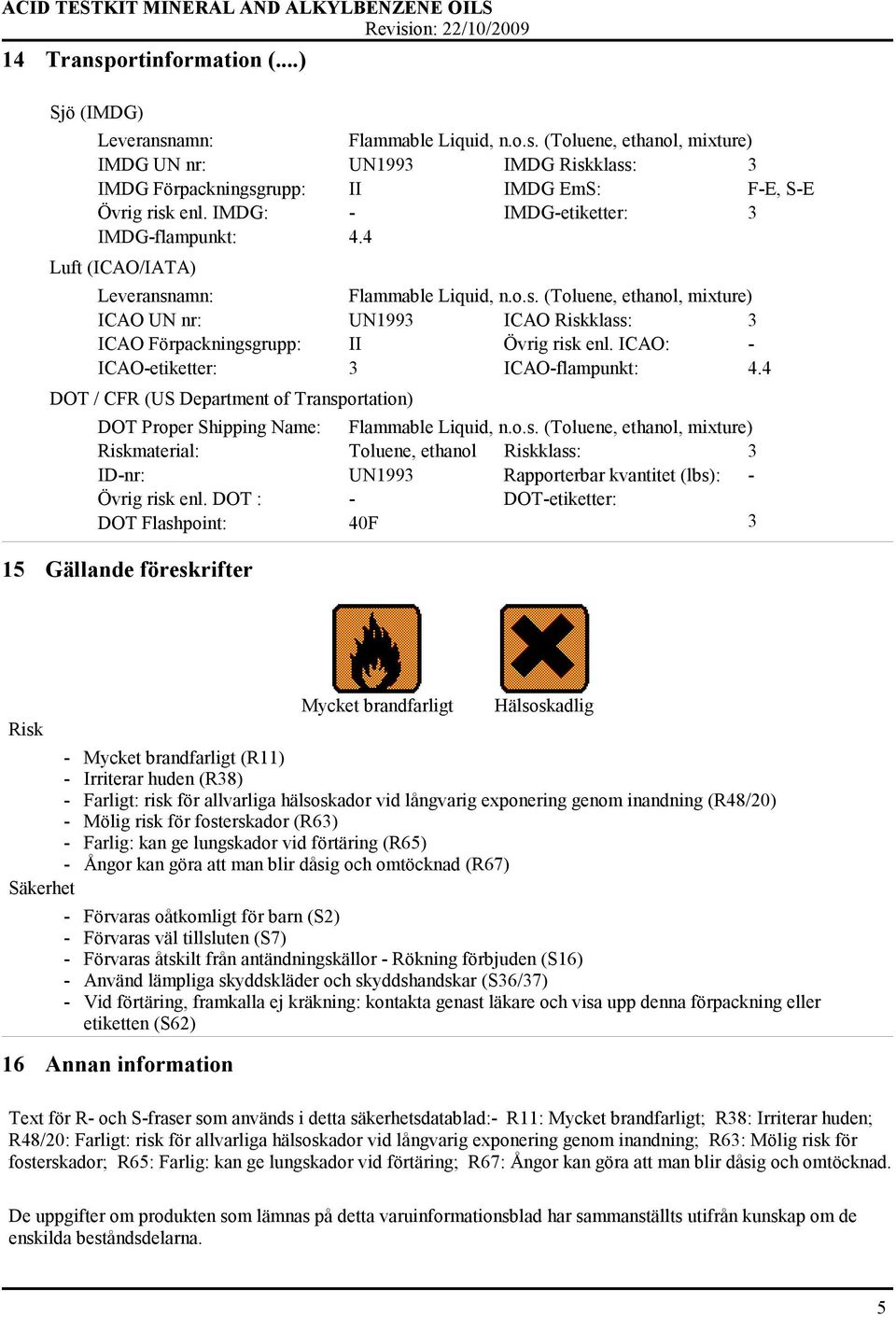 ICAO: - ICAO-etiketter: 3 ICAO-flampunkt: 4.4 DOT / CFR (US Department of Transp