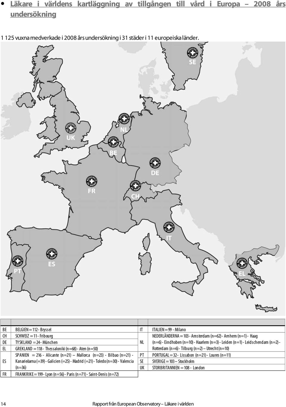 Haarlem (n=3) - Leiden (n=1) - Leidschendam (n=2) - EL GREKLAND = 118 - Thessaloniki (n=68) - Aten (n=50) Rotterdam (n=6) - Tilburg (n=2) Utrecht (n=10) SPANIEN = 216 - Alicante (n=21) Mallorca