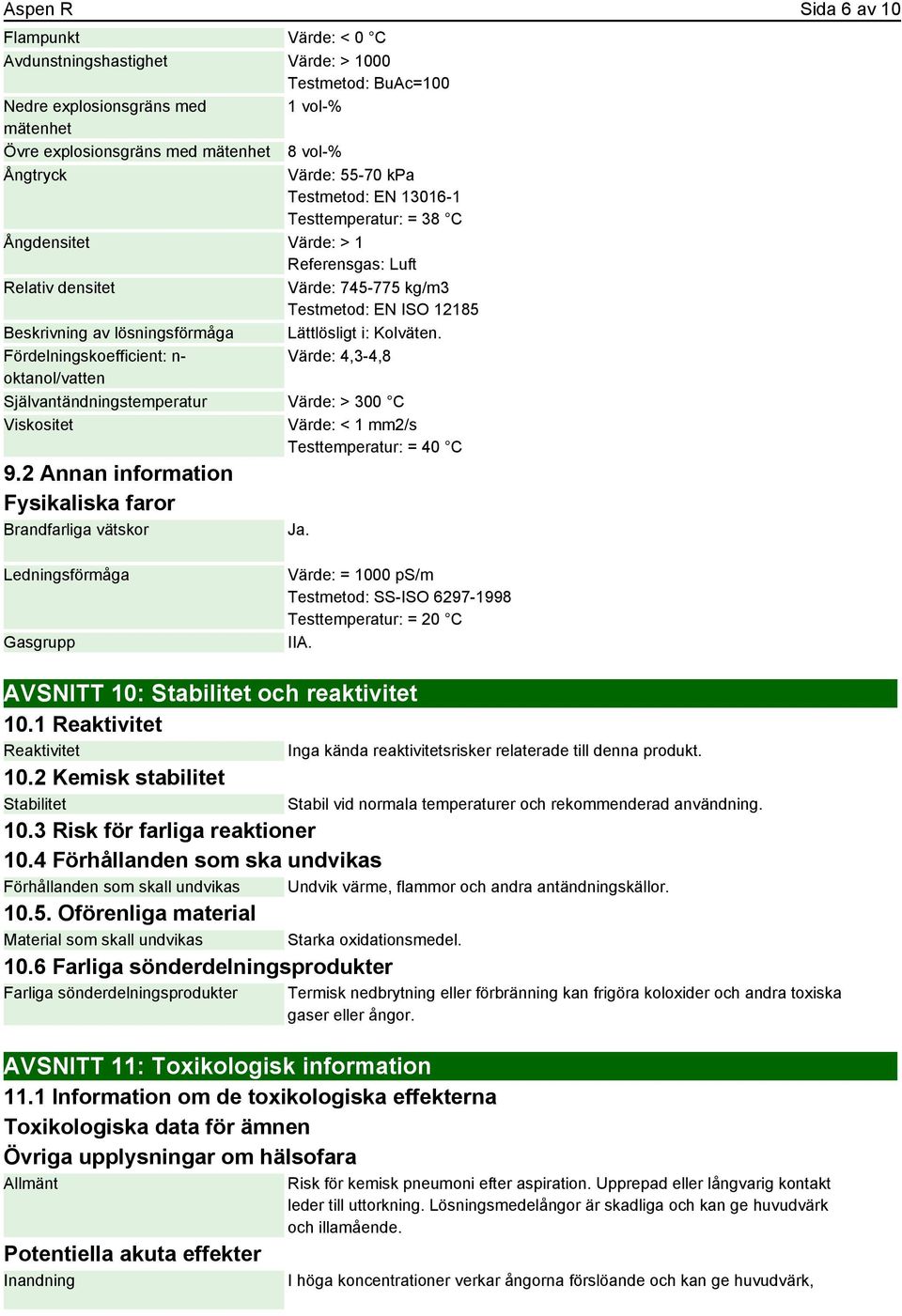 Lättlösligt i: Kolväten. Fördelningskoefficient: n- Värde: 4,3-4,8 oktanol/vatten Självantändningstemperatur Värde: > 300 C Viskositet Värde: < 1 mm2/s Testtemperatur: = 40 C 9.