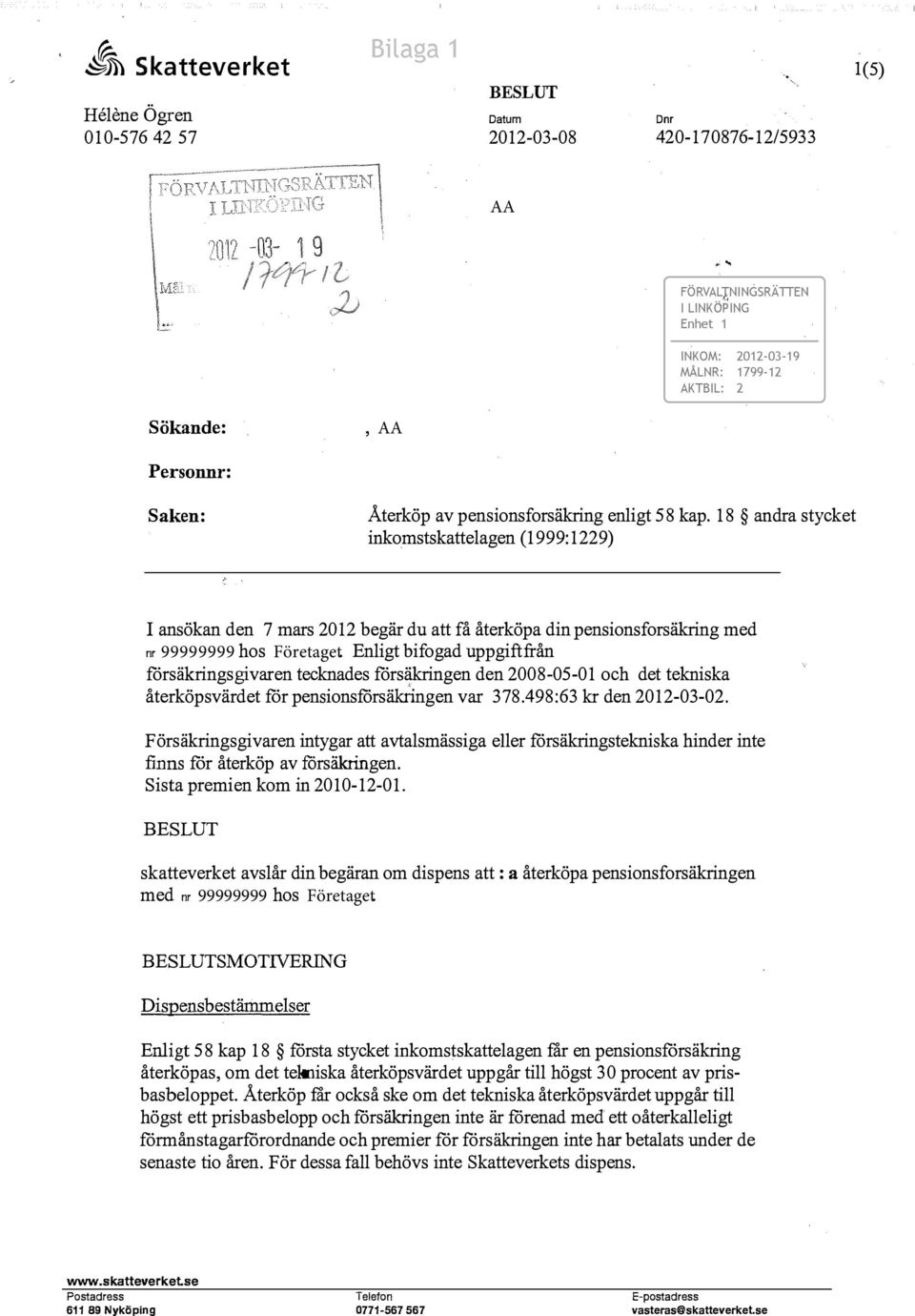 18 andra stycket inkomstskattelagen (1999: 1229) I ansökan den 7 mars 2012 begär du att få återköpa din pensionsforsäkring med nr 99999999 hos Företaget.