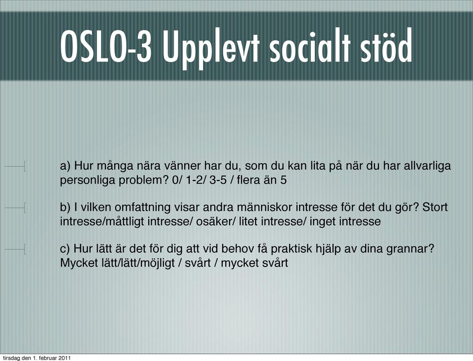 0/ 1-2/ 3-5 / flera än 5 b) I vilken omfattning visar andra människor intresse för det du gör?