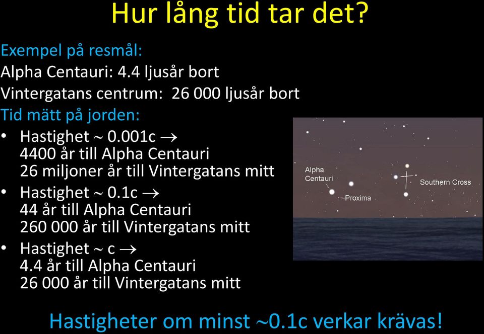 001c 4400 år till Alpha Centauri 26 miljoner år till Vintergatans mitt Hastighet 0.