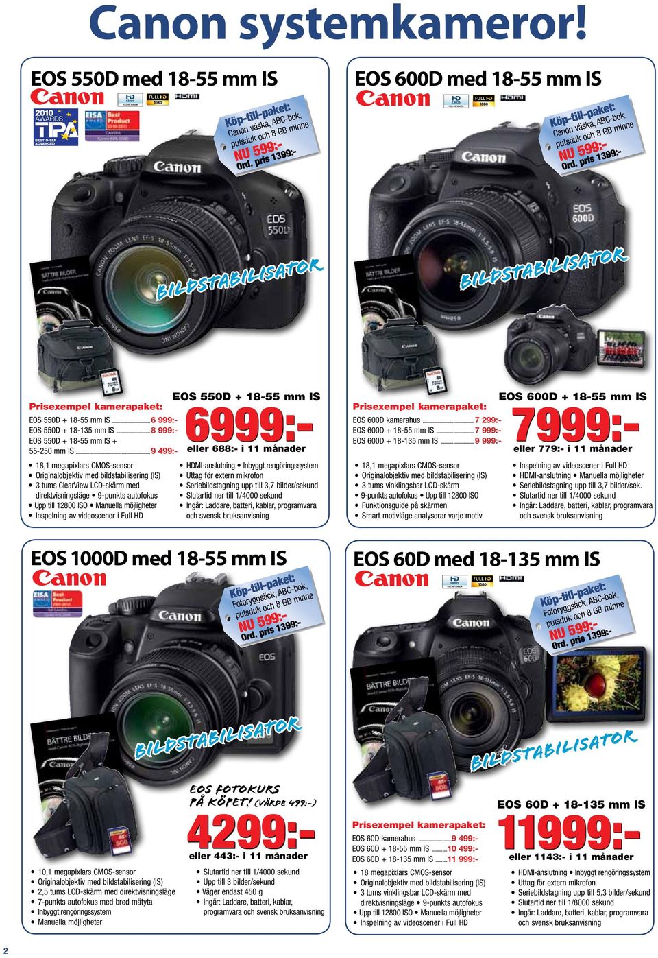 ..9 499:- 18,1 megapixlars CMOS-sensor Originalobjektiv med bildstabilisering (IS) 3 tums ClearView LCD-skärm med direktvisningsläge 9-punkts autofokus Upp till 12800 ISO Manuella möjligheter