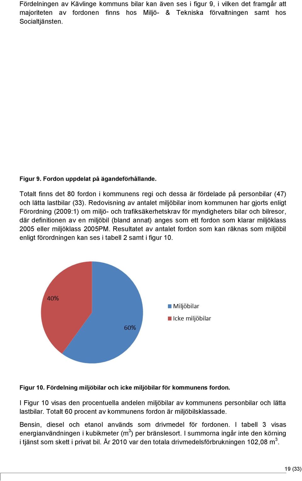 Redovisning av antalet miljöbilar inom kommunen har gjorts enligt Förordning (2009:1) om miljö- och trafiksäkerhetskrav för myndigheters bilar och bilresor, där definitionen av en miljöbil (bland