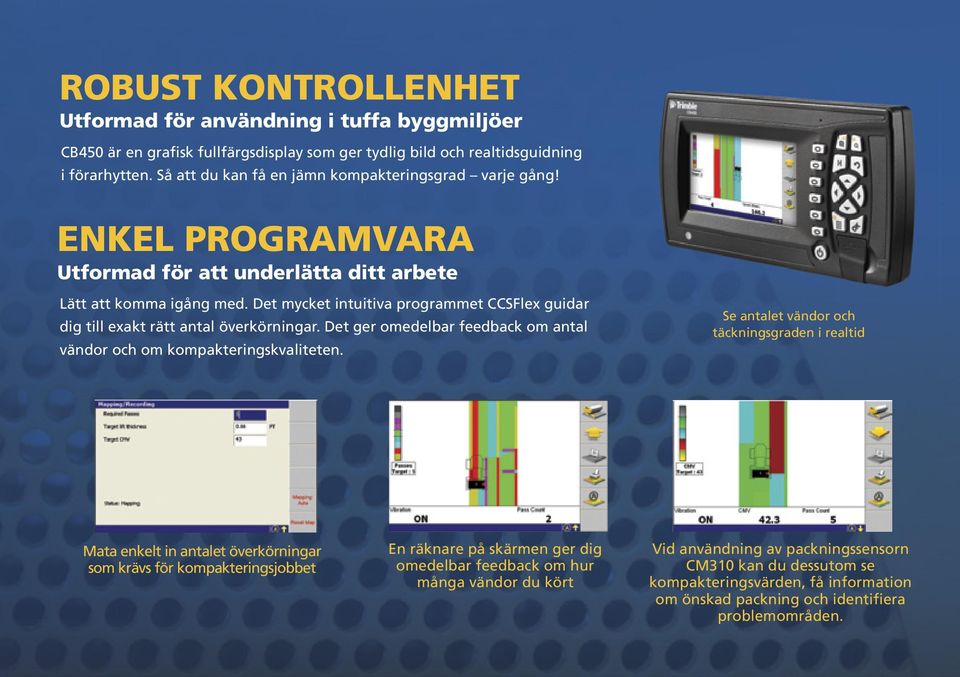 Det mycket intuitiva programmet CCSFlex guidar dig till exakt rätt antal överkörningar. Det ger omedelbar feedback om antal vändor och om kompakteringskvaliteten.