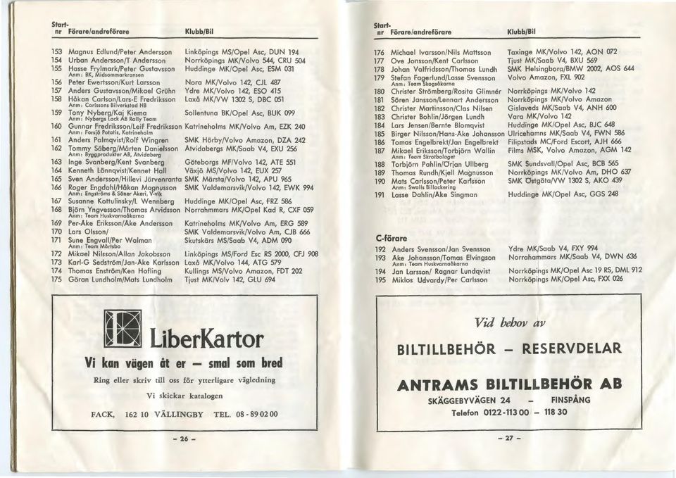 MK/Volvo 142, CJL 487 Anders Gustavsson/Mikael Gruhn Ydre MK/Volvo 142, ESO 415 Hokan Carlson/Lars-E Fredriksson Anm : Carlssons Bilverkstad HB Lax& MK/VW 1302 S, DBC 051 Tony Nyberg/Kal Kiema