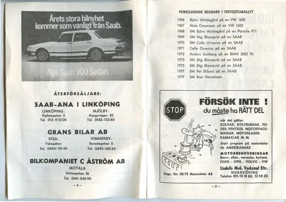 :>O en SAAB Anders Gullberg pa en BMW 2002 Til SM Stig Blomqvist pa en SAAB SM Stig Blomqvist pa en SAAB SM Per Eklund pa en SAAB SM Bror Danielsson ATE RFORSALJARE: SAAB-ANA I LINKOPING LINKOPING: