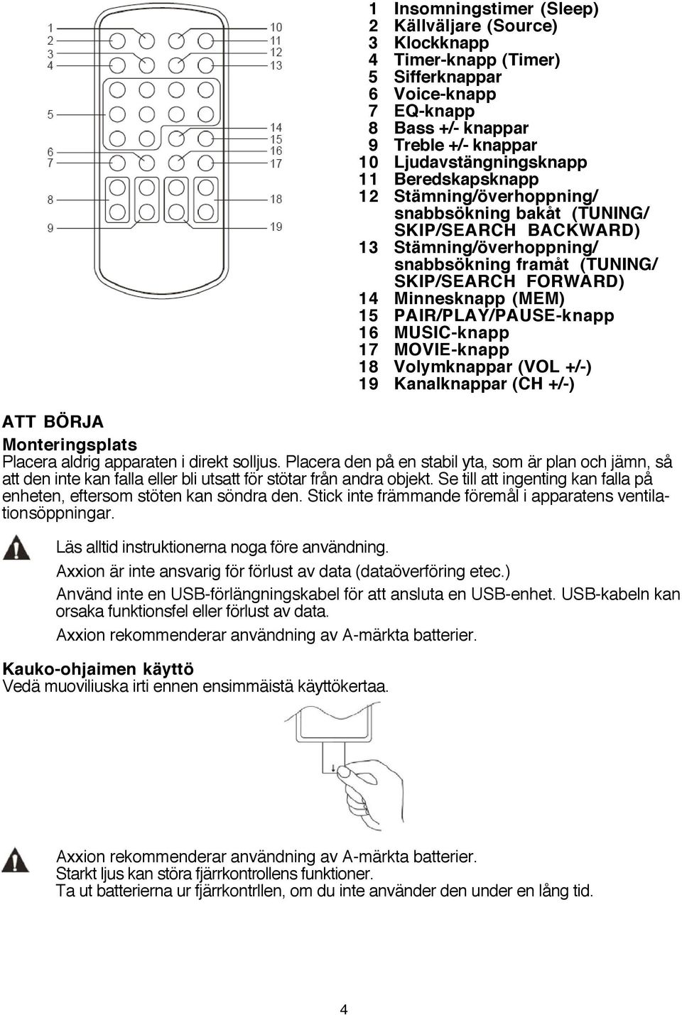 Axxion är inte ansvarig för förlust av data (dataöverföring etec.) Använd inte en USB-förlängningskabel för att ansluta en USB-enhet. USB-kabeln kan orsaka funktionsfel eller förlust av data.