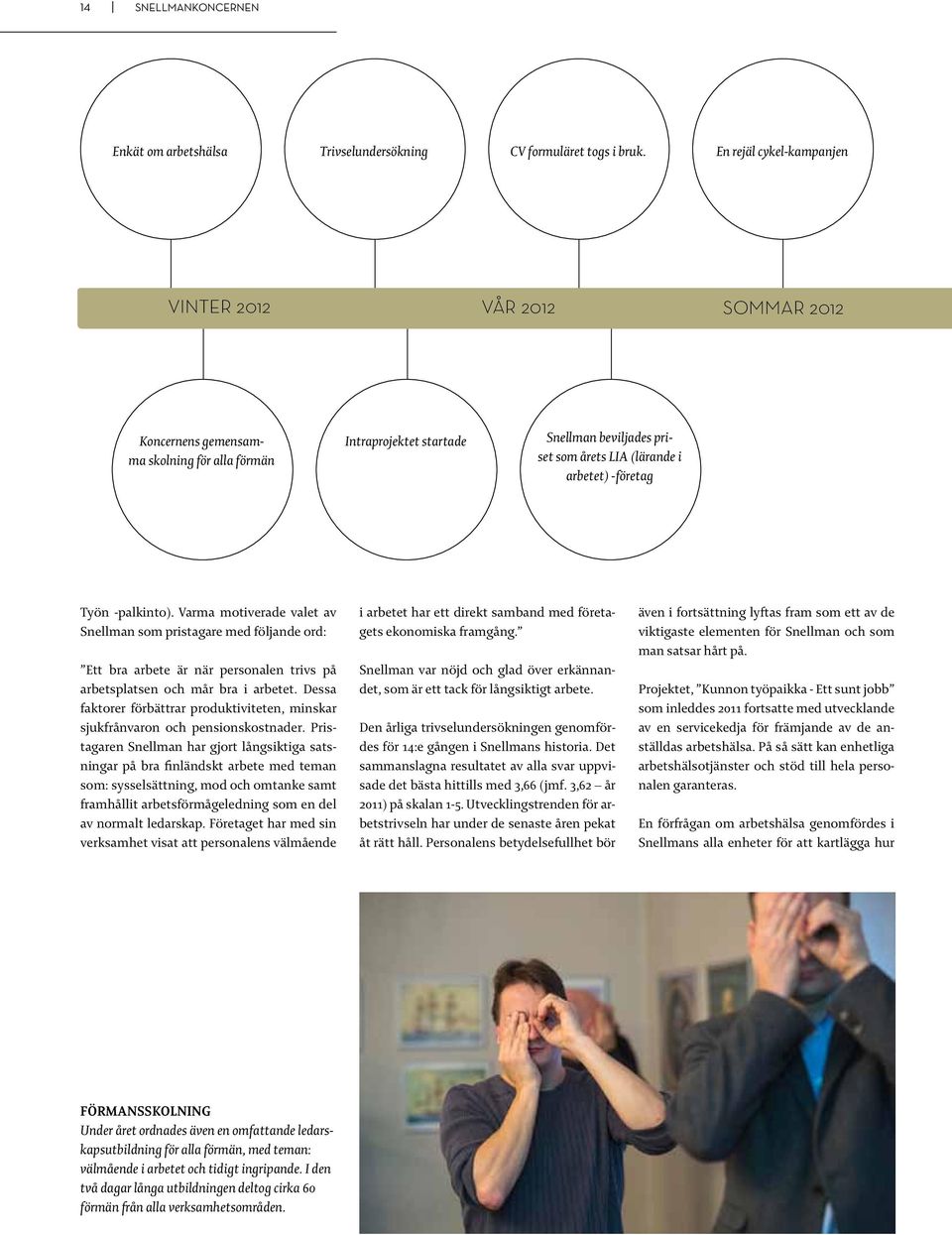 Työn -palkinto). Varma motiverade valet av Snellman som pristagare med följande ord: Ett bra arbete är när personalen trivs på arbetsplatsen och mår bra i arbetet.