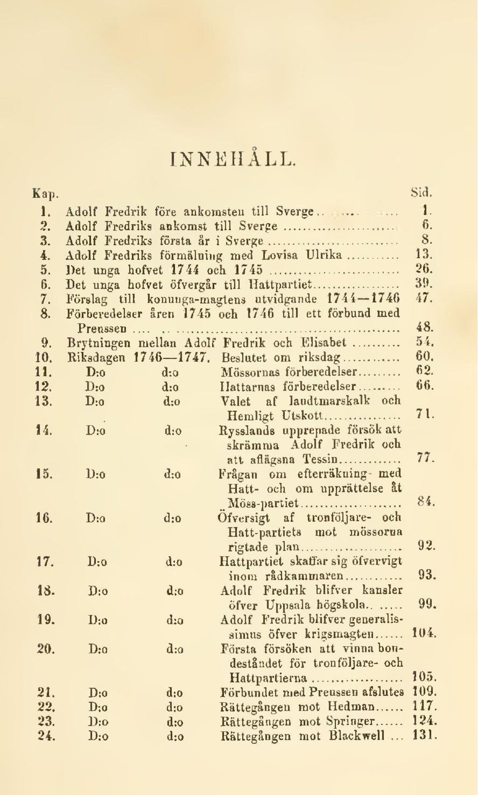 Förberedelser åren 1745 och 1746 till ett förbund med Preussen 48. 9. Brytningen mellan Adolf Fredrik och Elisabet 54. 10. Riksdagen 1746 1747. Beslutet om riksdag 60. 11.