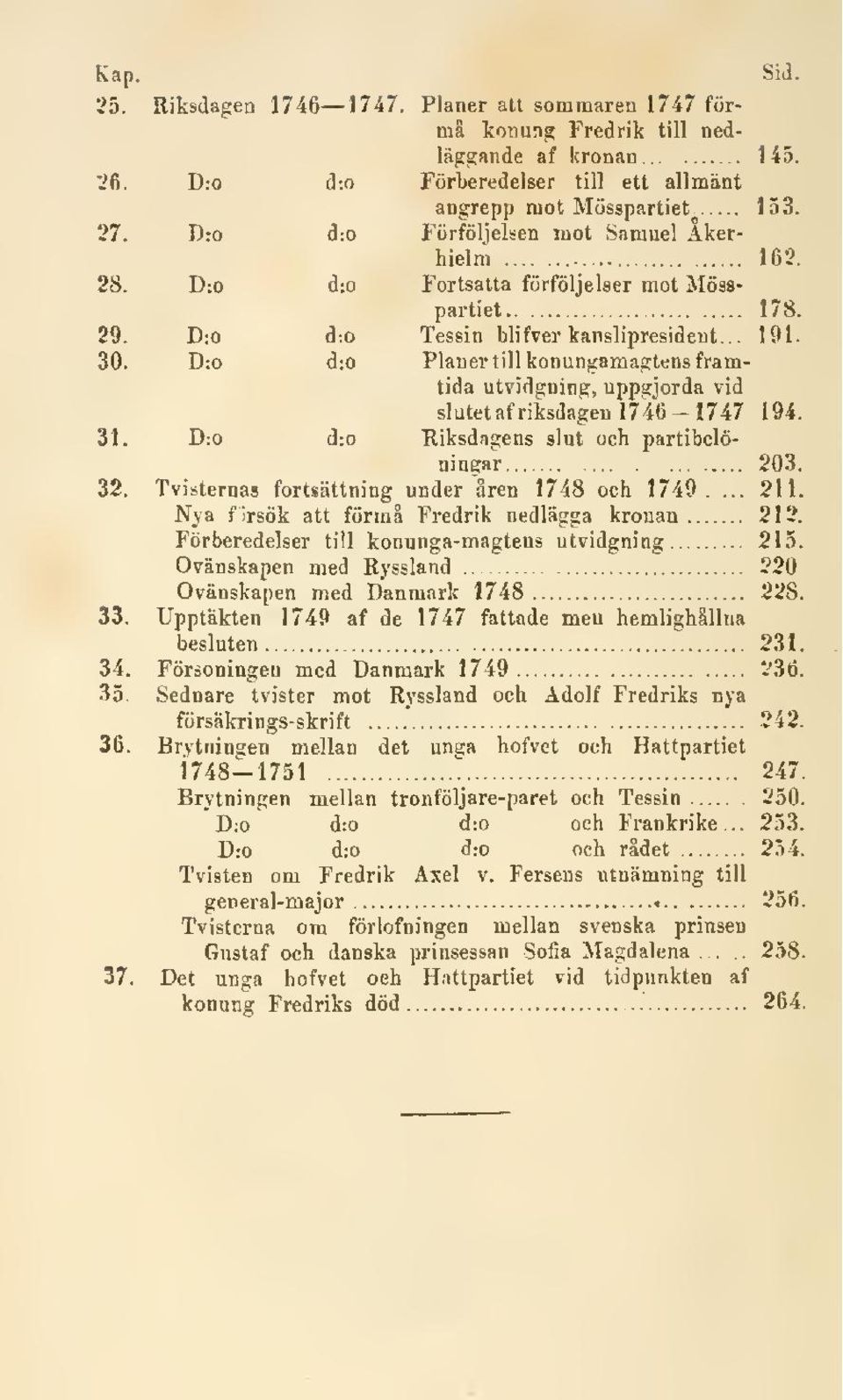 D:o d:o Planer till konungamagtens framtida utvidgning, uppgjorda vid slutet af riksdagen 17>i6-1747 194. 31. D:o d:o Riksdagens slut och partibelöningar 203. 32.