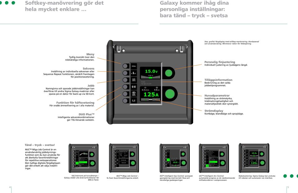 Sekvens Inställning av individuella sekvenser eller Sequence Repeat funktionen, särskilt framtagen för positionssvetsning.