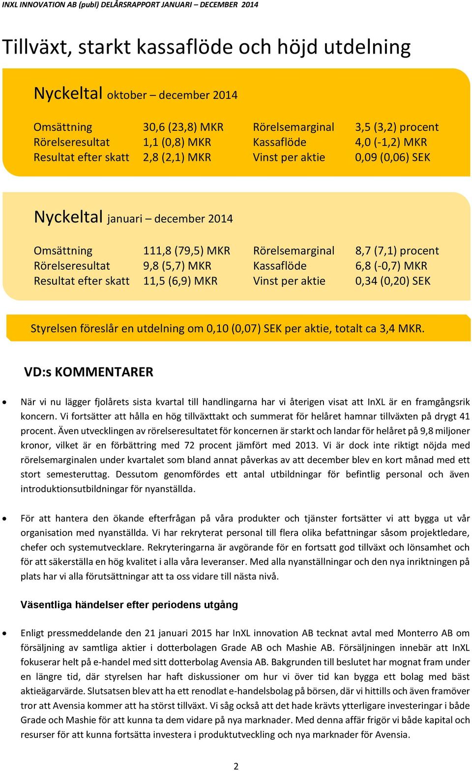 Resultat efter skatt 11,5 (6,9) MKR Vinst per aktie,34 (,2) SEK Styrelsen föreslår en utdelning om,1 (,7) SEK per aktie, totalt ca 3,4 MKR.