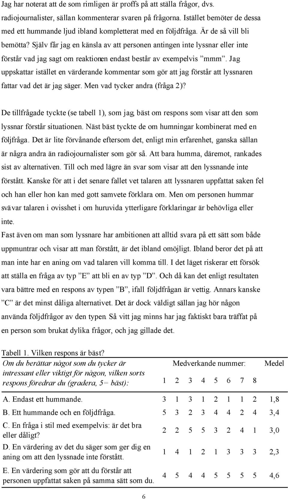 Själv får jag en känsla av att personen antingen inte lyssnar eller inte förstår vad jag sagt om reaktionen endast består av exempelvis mmm.