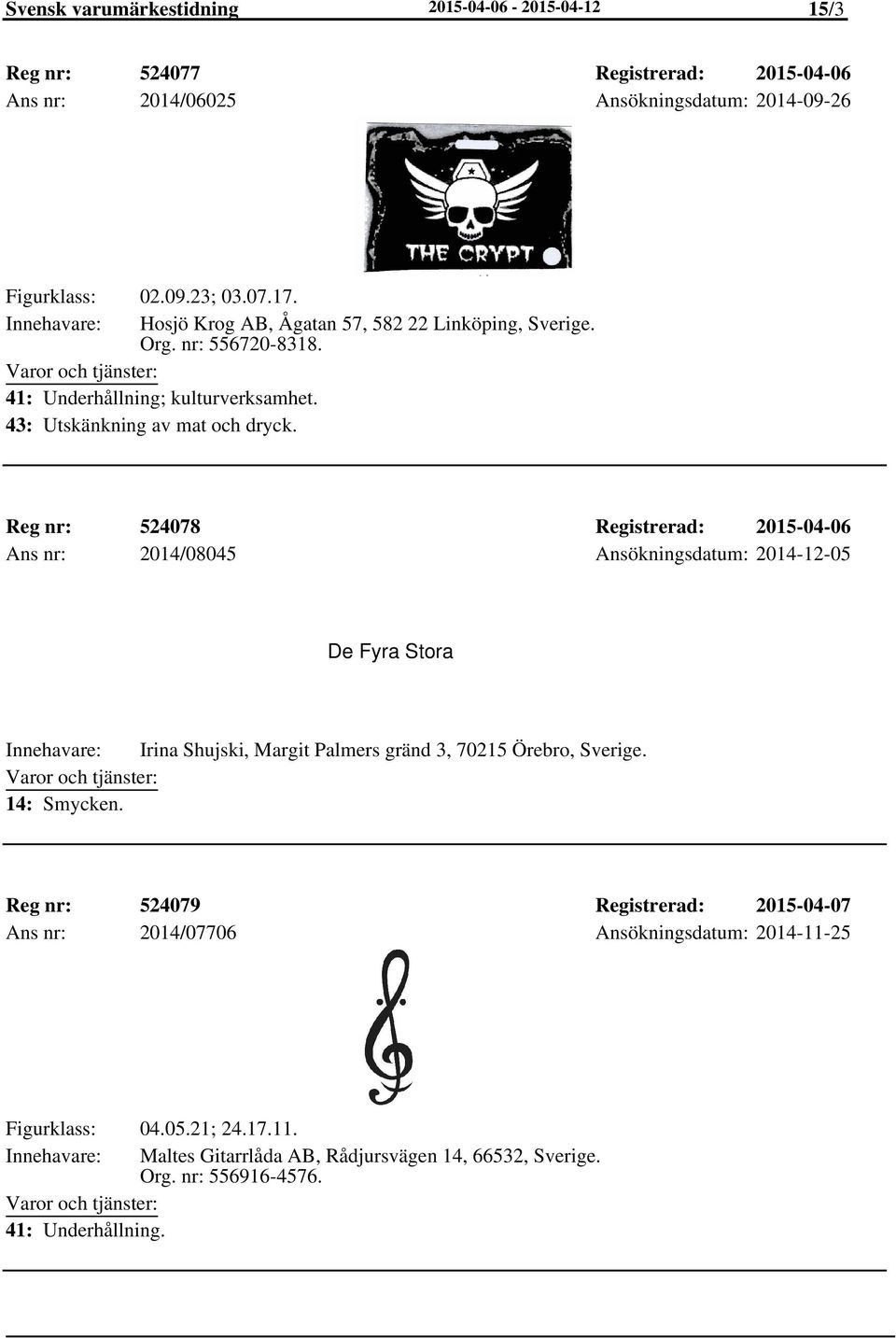 Reg nr: 524078 Registrerad: 2015-04-06 Ans nr: 2014/08045 Ansökningsdatum: 2014-12-05 De Fyra Stora Irina Shujski, Margit Palmers gränd 3, 70215 Örebro, Sverige. 14: Smycken.