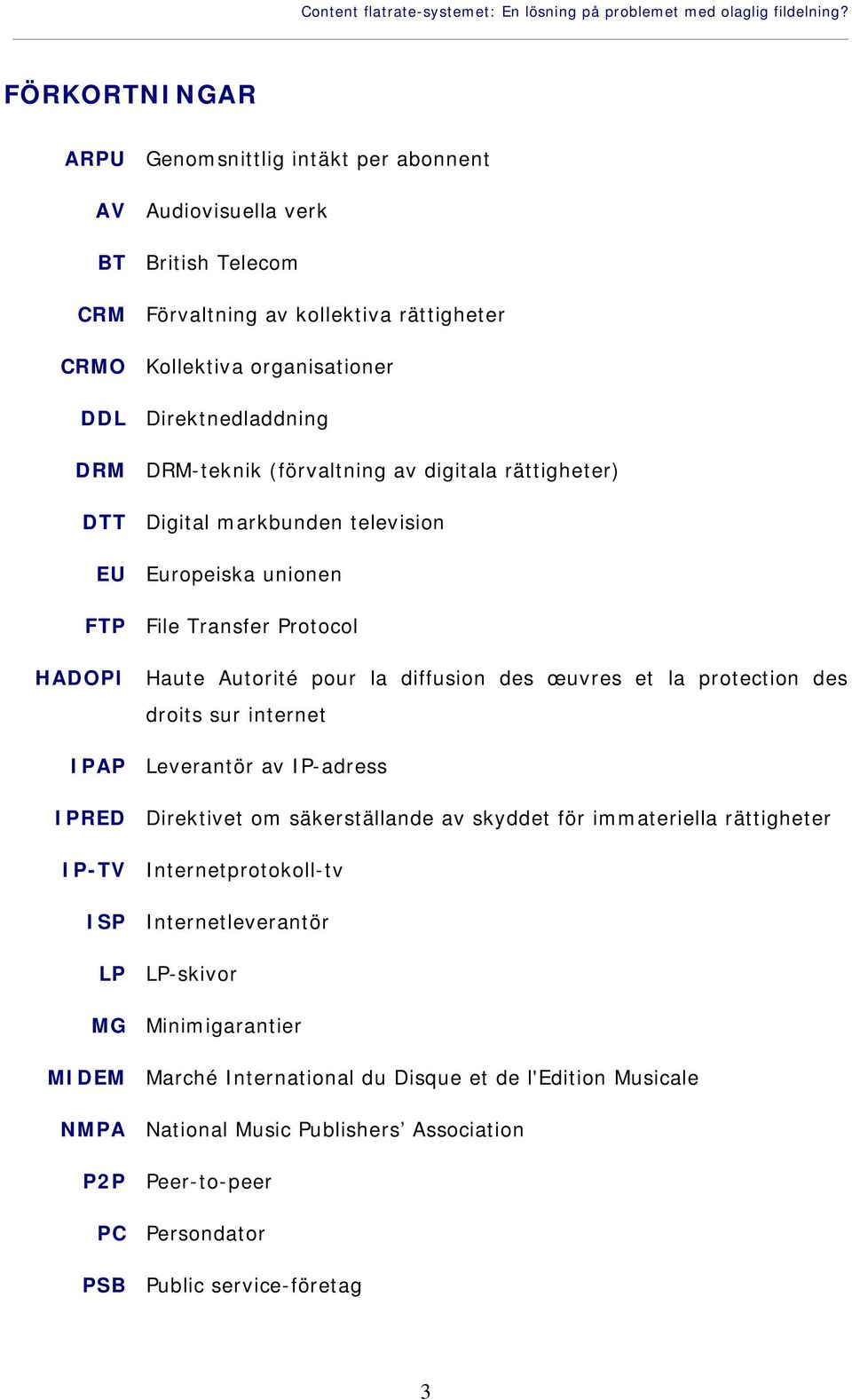 DRM-teknik (förvaltning av digitala rättigheter) DTT Digital markbunden television EU Europeiska unionen FTP File Transfer Protocol HADOPI Haute Autorité pour la diffusion des œuvres et la protection