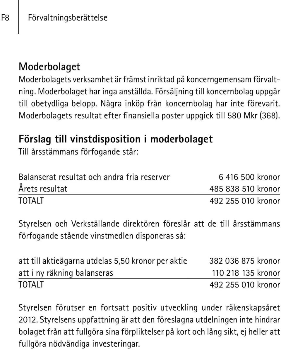 Förslag till vinstdisposition i moderbolaget Till årsstämmans förfogande står: Balanserat resultat och andra fria reserver Årets resultat TOTALT 6 416 500 kronor 485 838 510 kronor 492 255 010 kronor