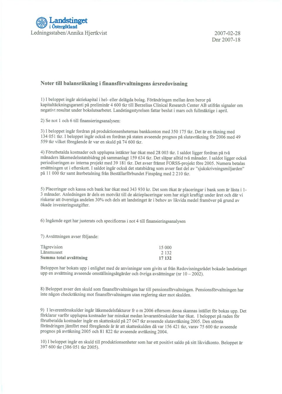 Landstingsstyrelsenfattar beslut i mars och fullmäktige i april. 2) Se not l och 6 till finansieringsanalysen: 3) I beloppet ingår fordran på produktionsenheternasbankkonton med 350 175tkr.