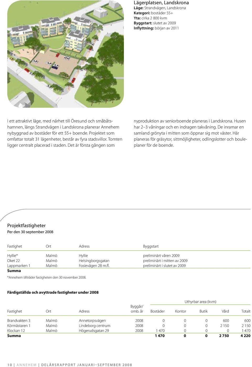 Tomten ligger centralt placerad i staden. Det är första gången som nyproduktion av seniorboende planeras i Landskrona. Husen har 2 3 våningar och en indragen takvåning.