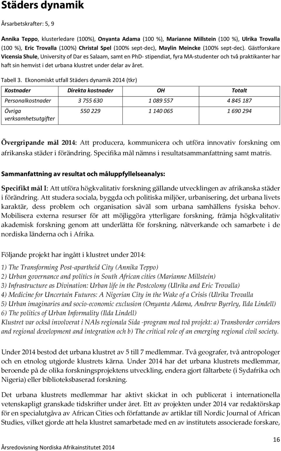 Gästforskare Vicensia Shule, University of Dar es Salaam, samt en PhD- stipendiat, fyra MA-studenter och två praktikanter har haft sin hemvist i det urbana klustret under delar av året. Tabell 3.