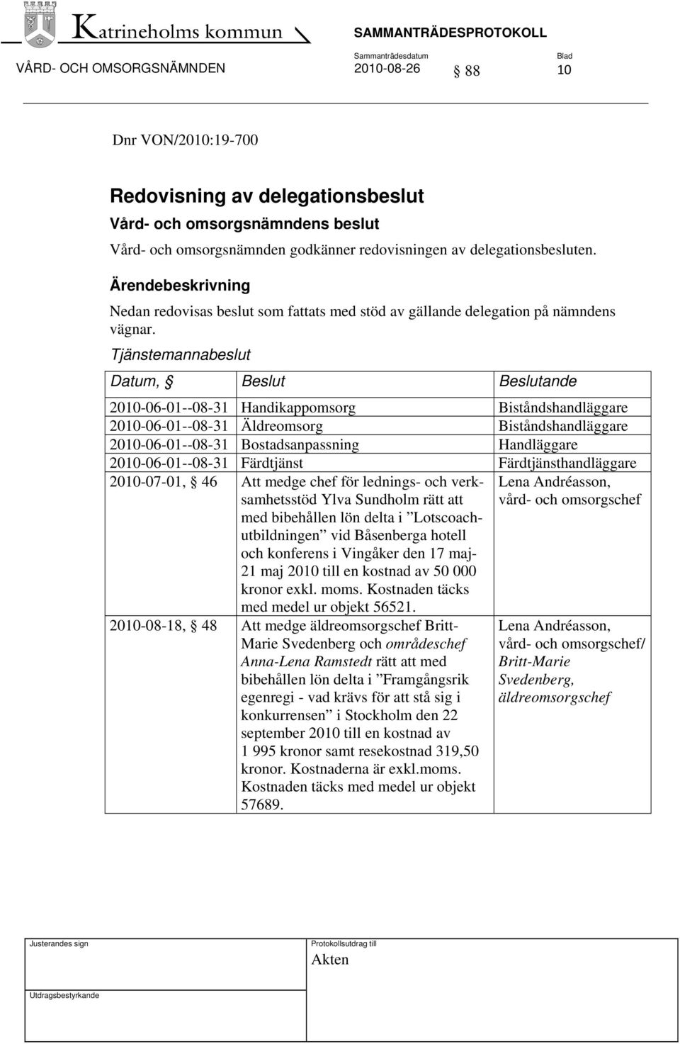 Tjänstemannabeslut Datum, Beslut Beslutande 2010-06-01--08-31 Handikappomsorg Biståndshandläggare 2010-06-01--08-31 Äldreomsorg Biståndshandläggare 2010-06-01--08-31 Bostadsanpassning Handläggare