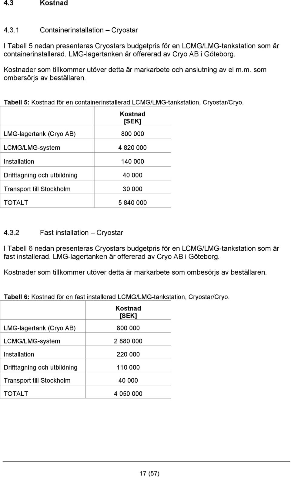 Tabell 5: Kostnad för en containerinstallerad LCMG/LMG-tankstation, Cryostar/Cryo.