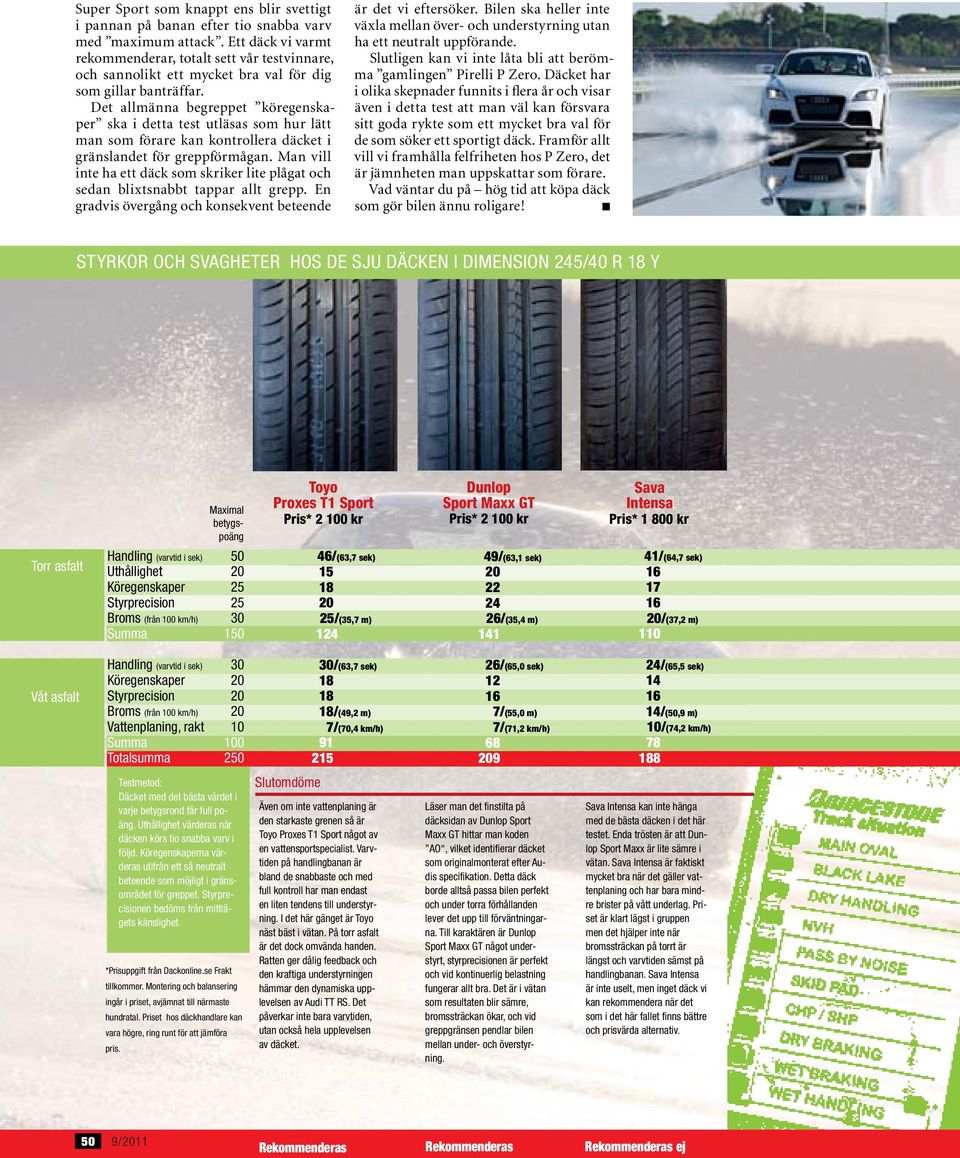 Det allmänna begreppet köregenskaper ska i detta test utläsas som hur lätt man som förare kan kontrollera däcket i gränslandet för greppförmågan.