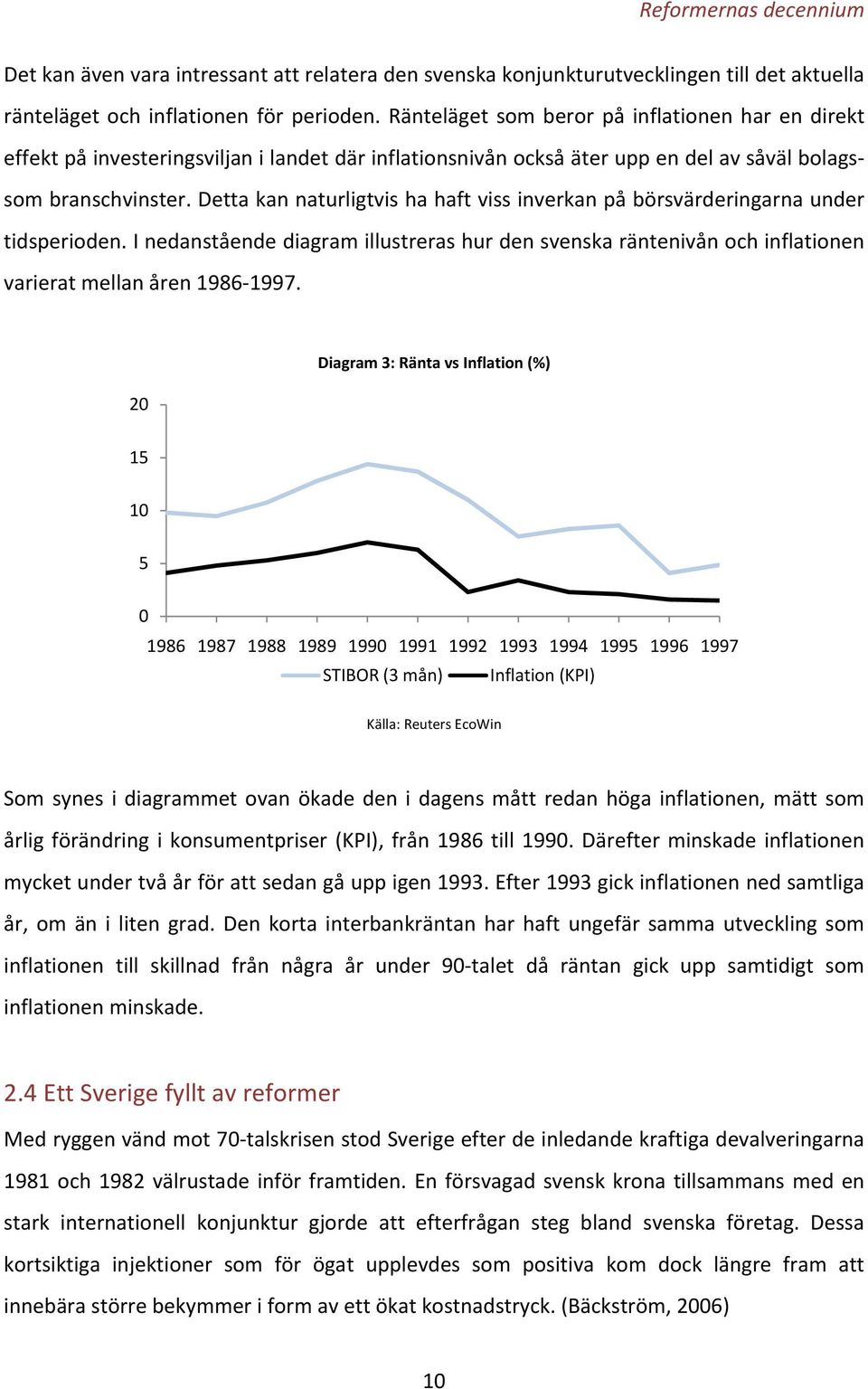 Detta kan naturligtvis ha haft viss inverkan på börsvärderingarna under tidsperioden. I nedanstående diagram illustreras hur den svenska räntenivån och inflationen varierat mellan åren 1986 1997.