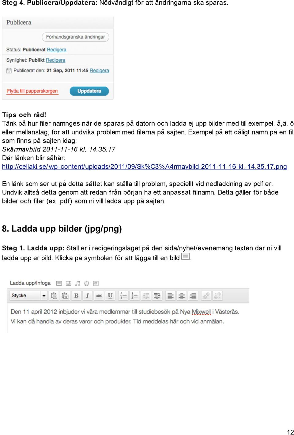 17 Där länken blir såhär: http://celiaki.se/wp-content/uploads/2011/09/sk%c3%a4rmavbild-2011-11-16-kl.-14.35.17.png En länk som ser ut på detta sättet kan ställa till problem, speciellt vid nedladdning av pdf:er.