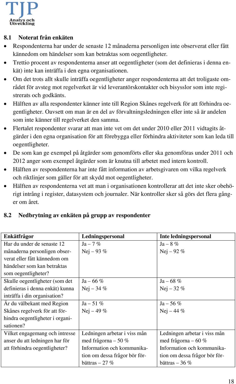 Om det trots allt skulle inträffa oegentligheter anger respondenterna att det troligaste området för avsteg mot regelverket är vid leverantörskontakter och bisysslor som inte registrerats och